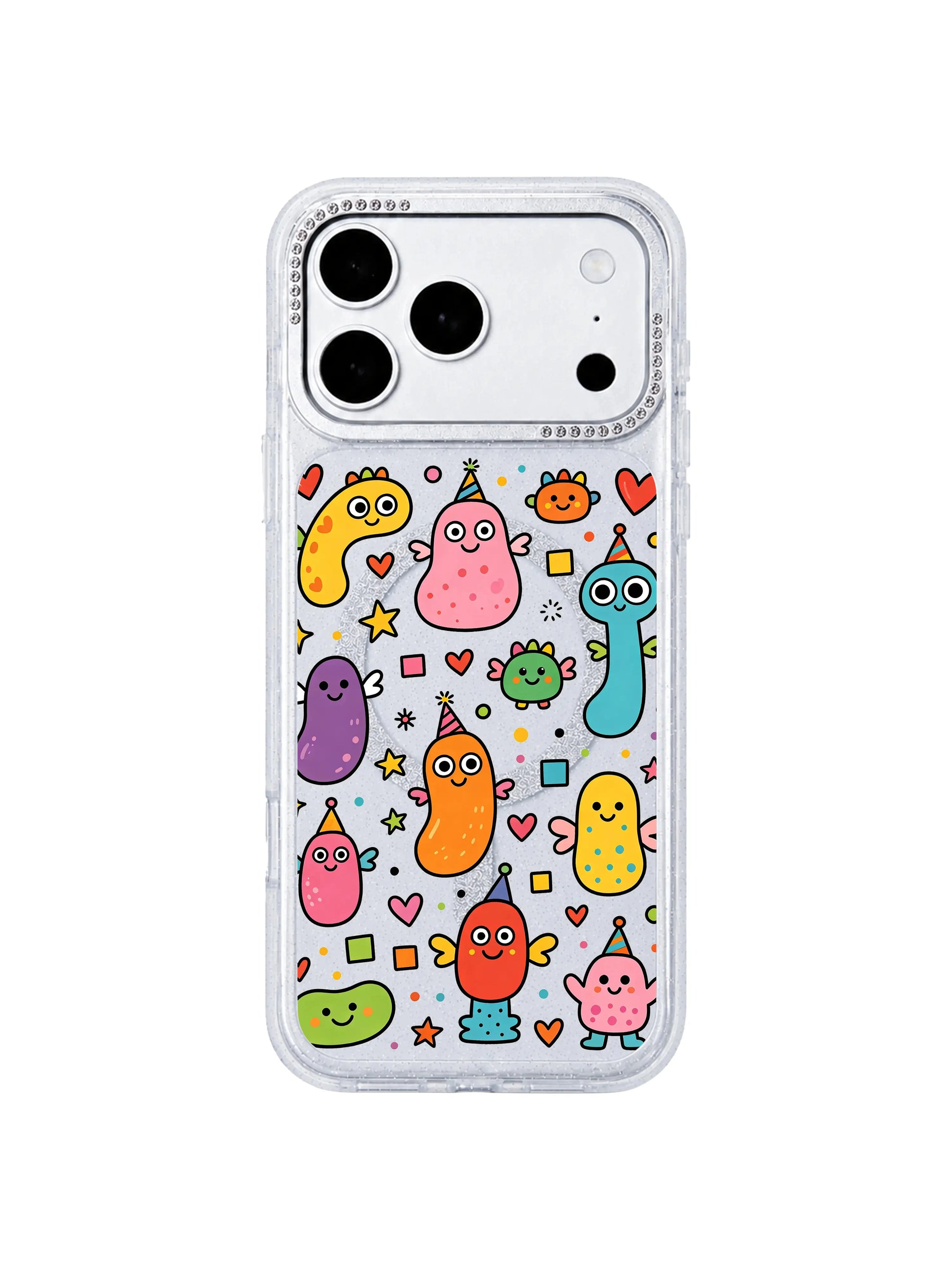 PhoneCasing cozy styled flat lay gift shot of Heart Monster Village iPhone 17 Pro Max case, kid-friendly whimsical monster village art perfect as birthday gift iPhone 17 Pro Max casing for teen & young adult women