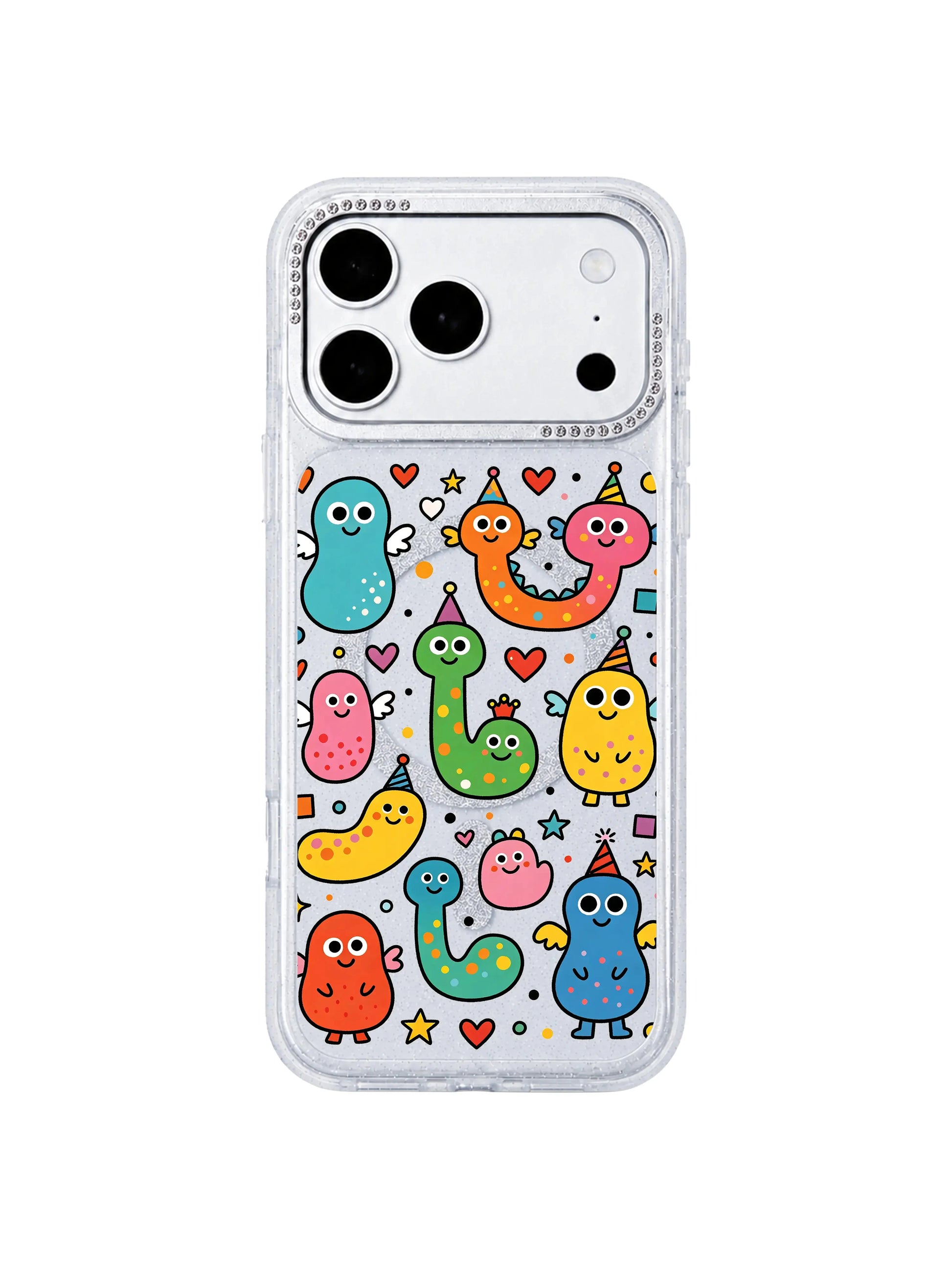 PhoneCasing texture macro image of translucent glitter clear base on Heart Monster Village iPhone 17 Pro Max case, subtle shimmer background making colorful monster doodles pop, slim lightweight iPhone 17 Pro Max protective casing detail