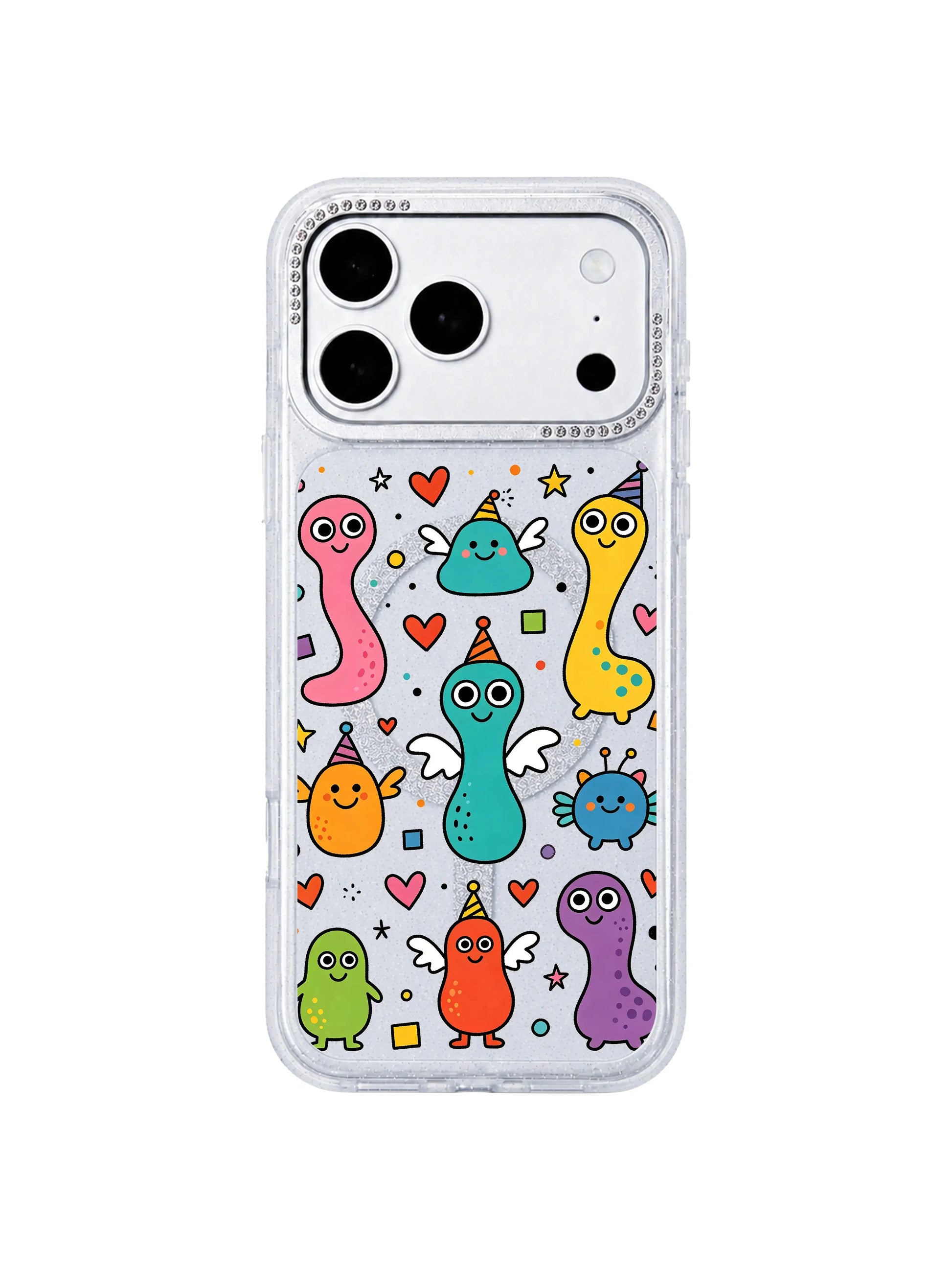 PhoneCasing outdoor lifestyle photograph of female model holding Heart Monster Village iPhone 17 Pro Max case, pastel vibrant monster village doodle print on clear glitter casing, aesthetic lifestyle asset for iPhone 17 Pro Max case social traffic