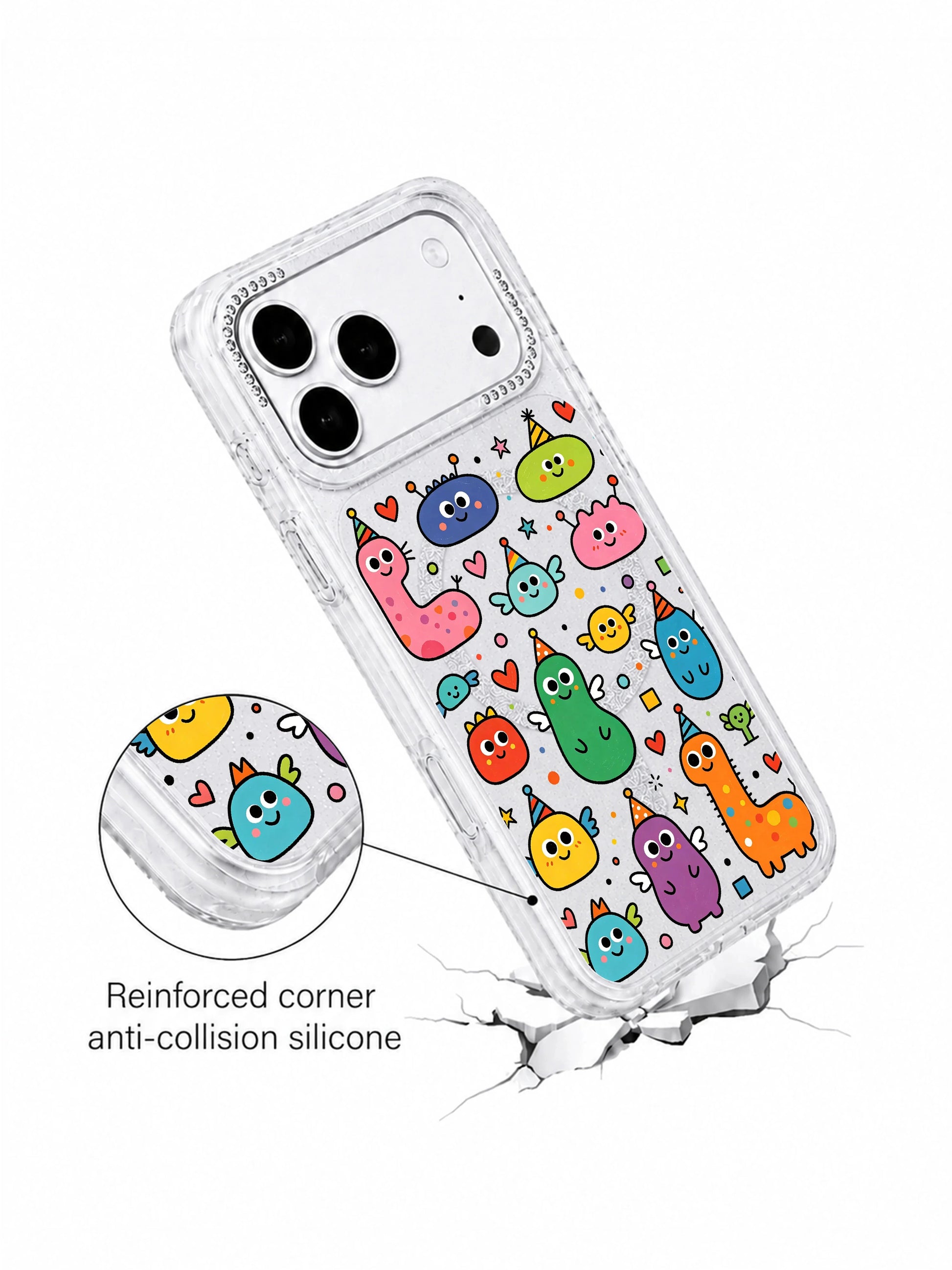 PhoneCasing decorative element closeup of tiny hand-drawn heart confetti scattered among blob monsters on Heart Monster Village iPhone 17 Pro Max case, core thematic art detail for story-focused iPhone 17 Pro Max casing copy