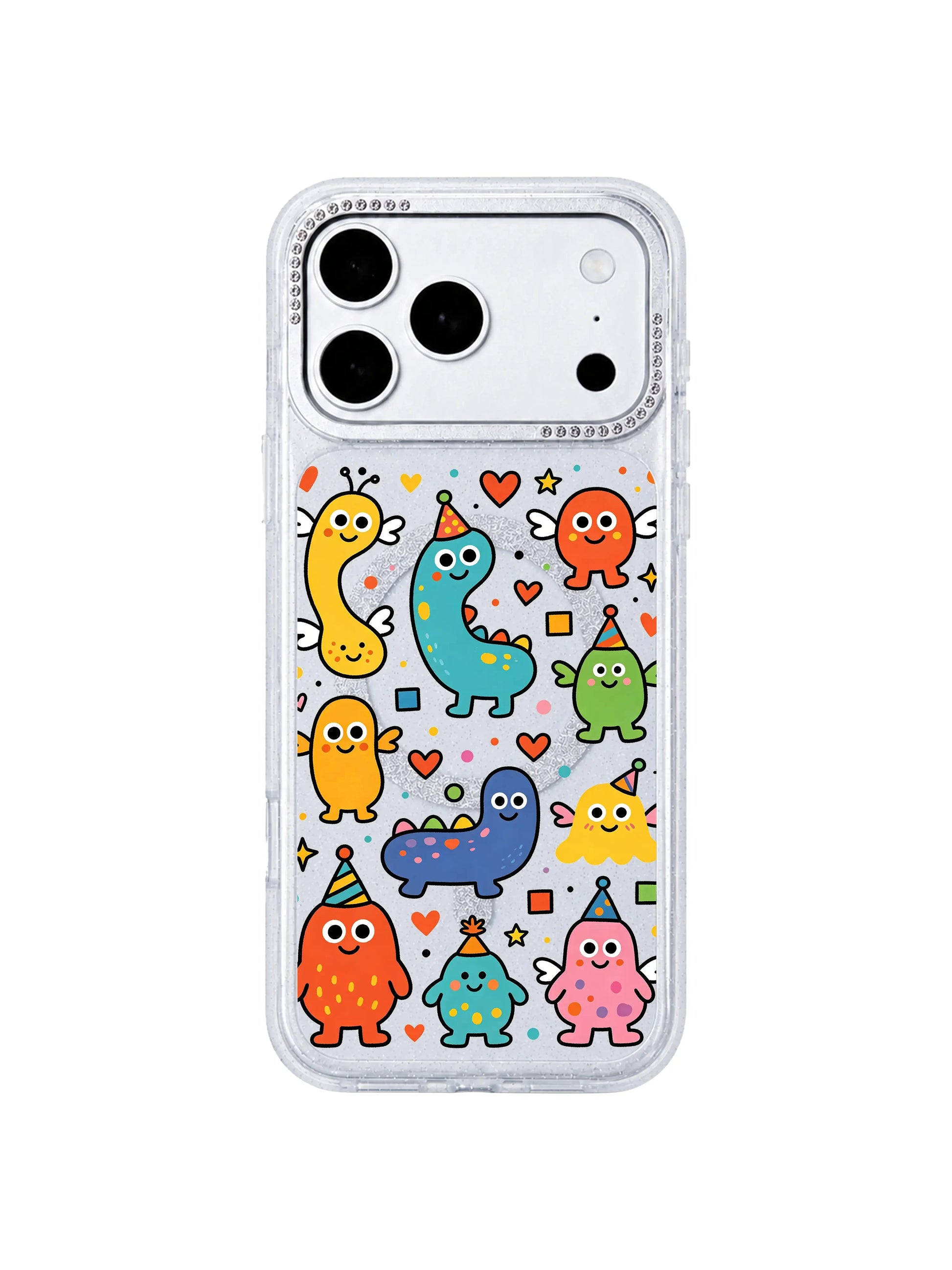 PhoneCasing wide horizontal homepage banner featuring full Heart Monster Village grid print on iPhone 17 Pro Max case, full layout display of all unique blob monster characters, collection hero banner for iPhone 17 Pro Max case category page