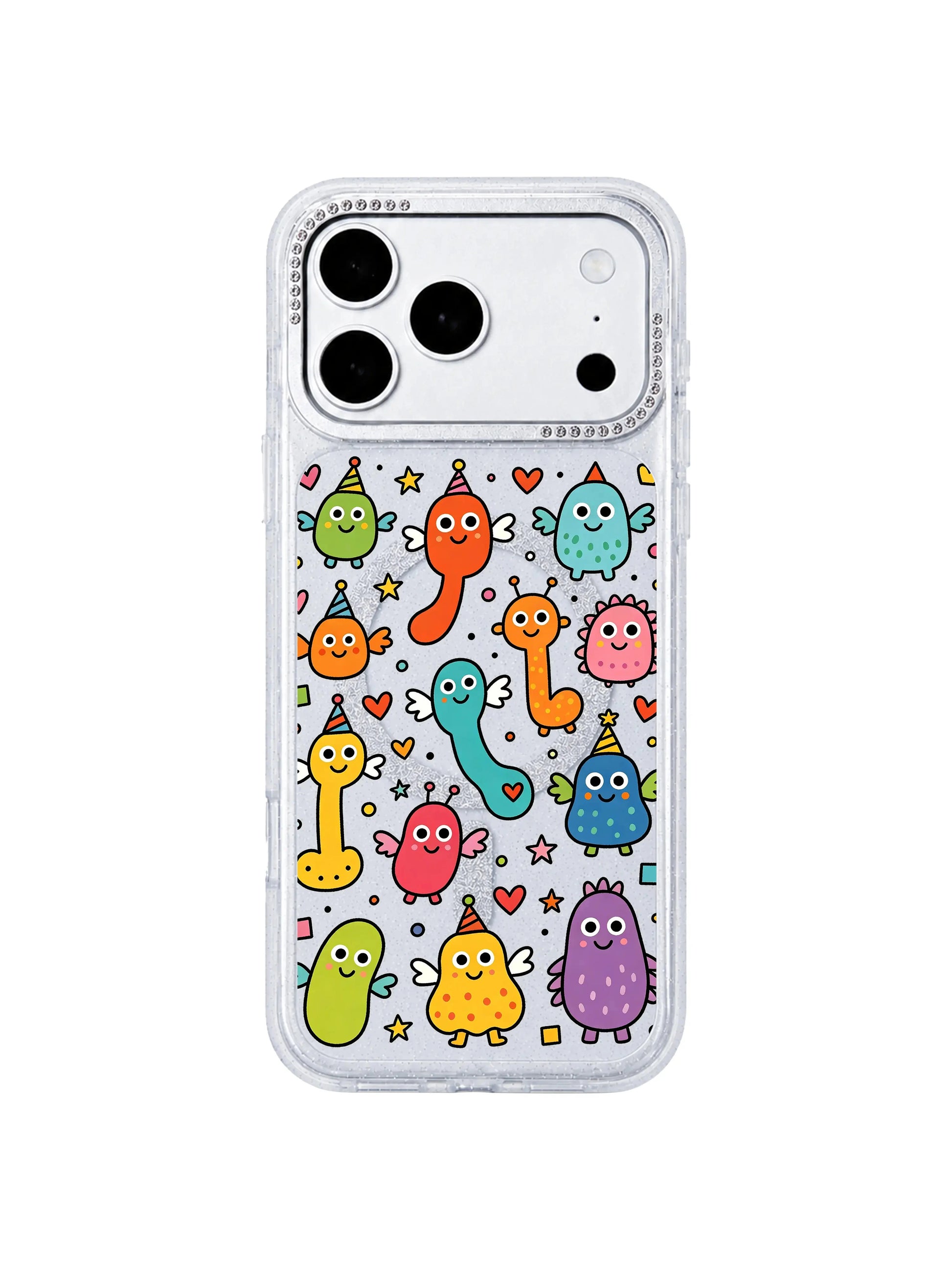 PhoneCasing three-view composite graphic for Heart Monster Village iPhone 17 Pro Max case, front print panel + slim side profile shot showcasing hourglass frame structure, informational banner image for iPhone 17 Pro Max casing product description