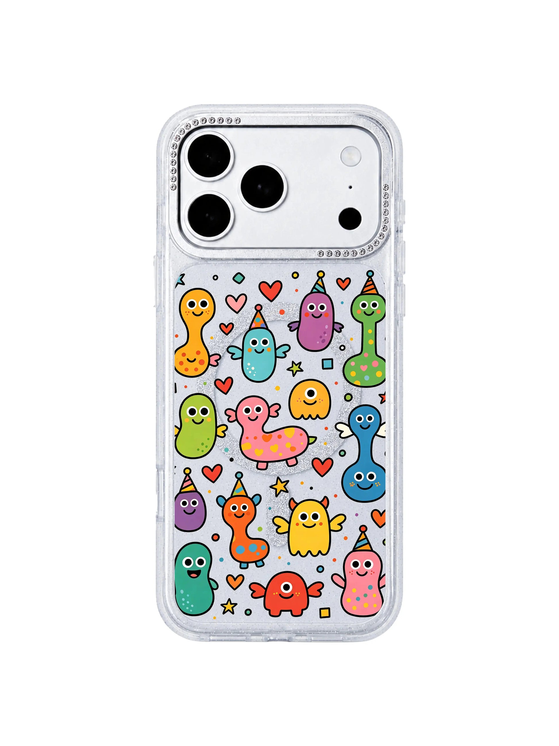 PhoneCasing partial back shot revealing embedded MagSafe charging ring inside Heart Monster Village iPhone 17 Pro Max case, seamless wireless charging compatible iPhone 17 Pro Max casing feature graphic