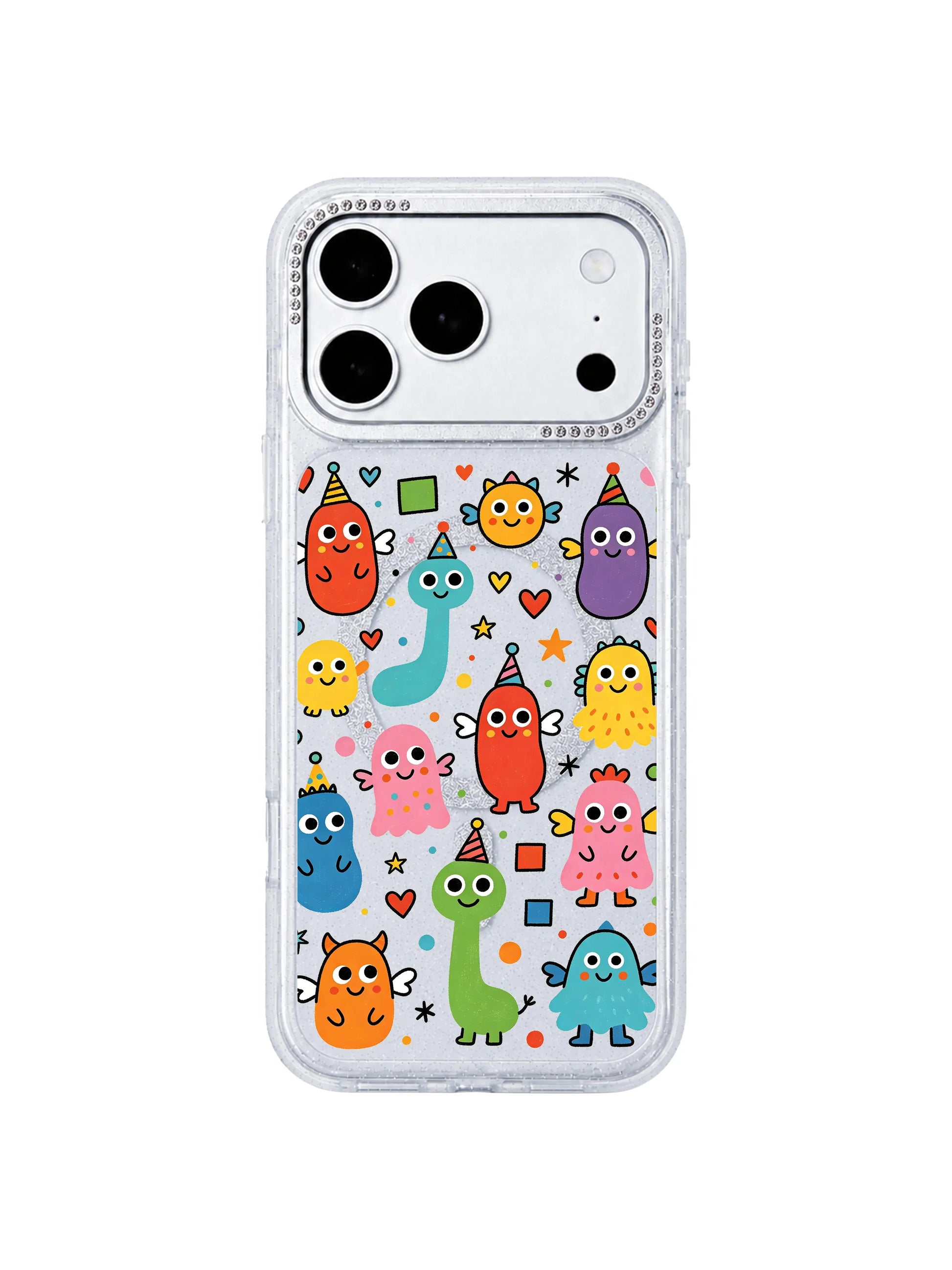 PhoneCasing exclusive Milo Popkins Heart Monster Village iPhone 17 Pro Max case, main flat product shot of glitter hourglass protective casing covered with diverse cute blob monster doodles and tiny heart confetti, ideal hero asset for iPhone 17 Pro Max casing listing homepage