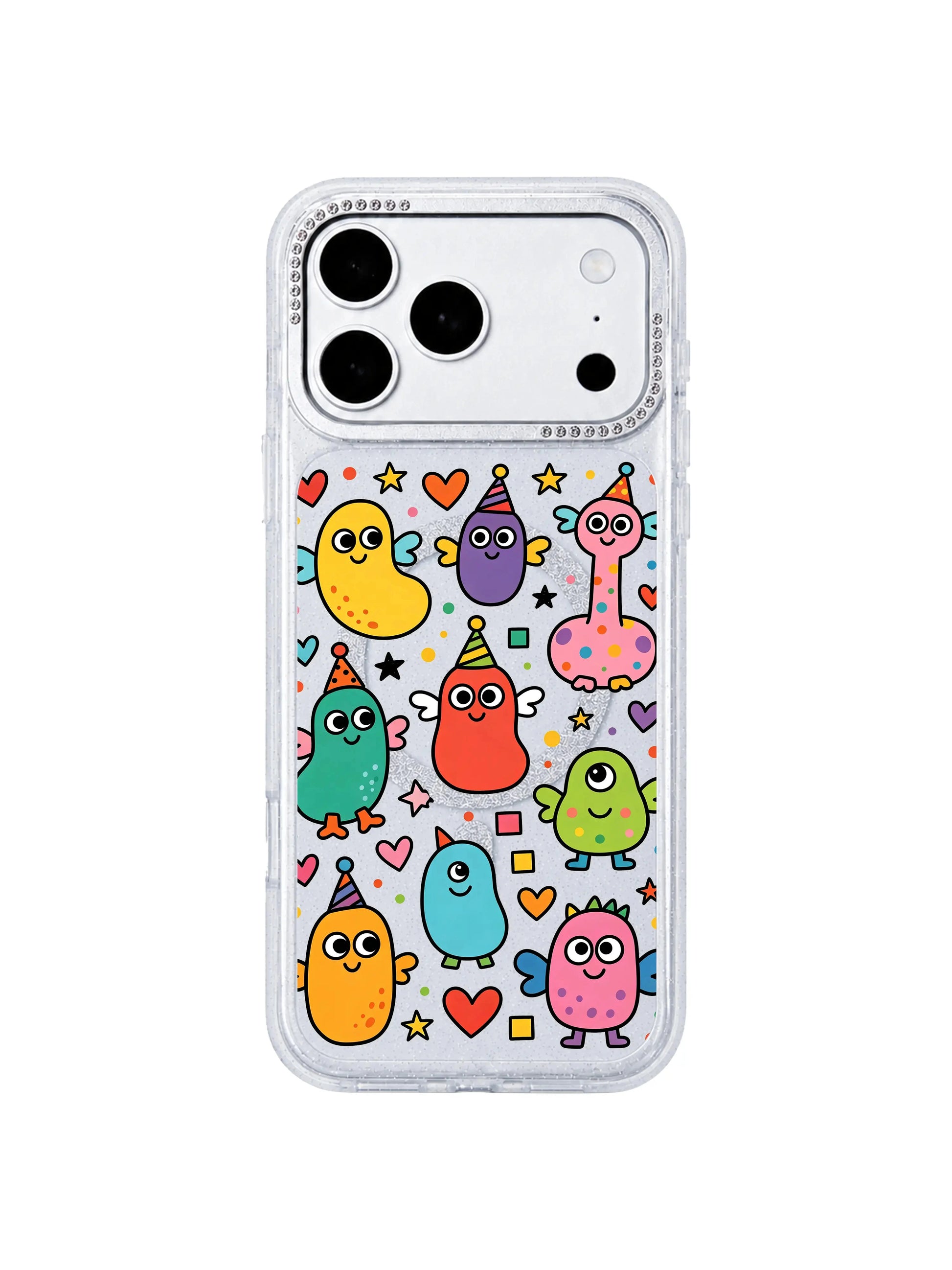 PhoneCasing close-up detail shot highlighting reinforced anti-collision silicone corner on Heart Monster Village iPhone 17 Pro Max case, drop resistance demonstration graphic for durable iPhone 17 Pro Max protective casing