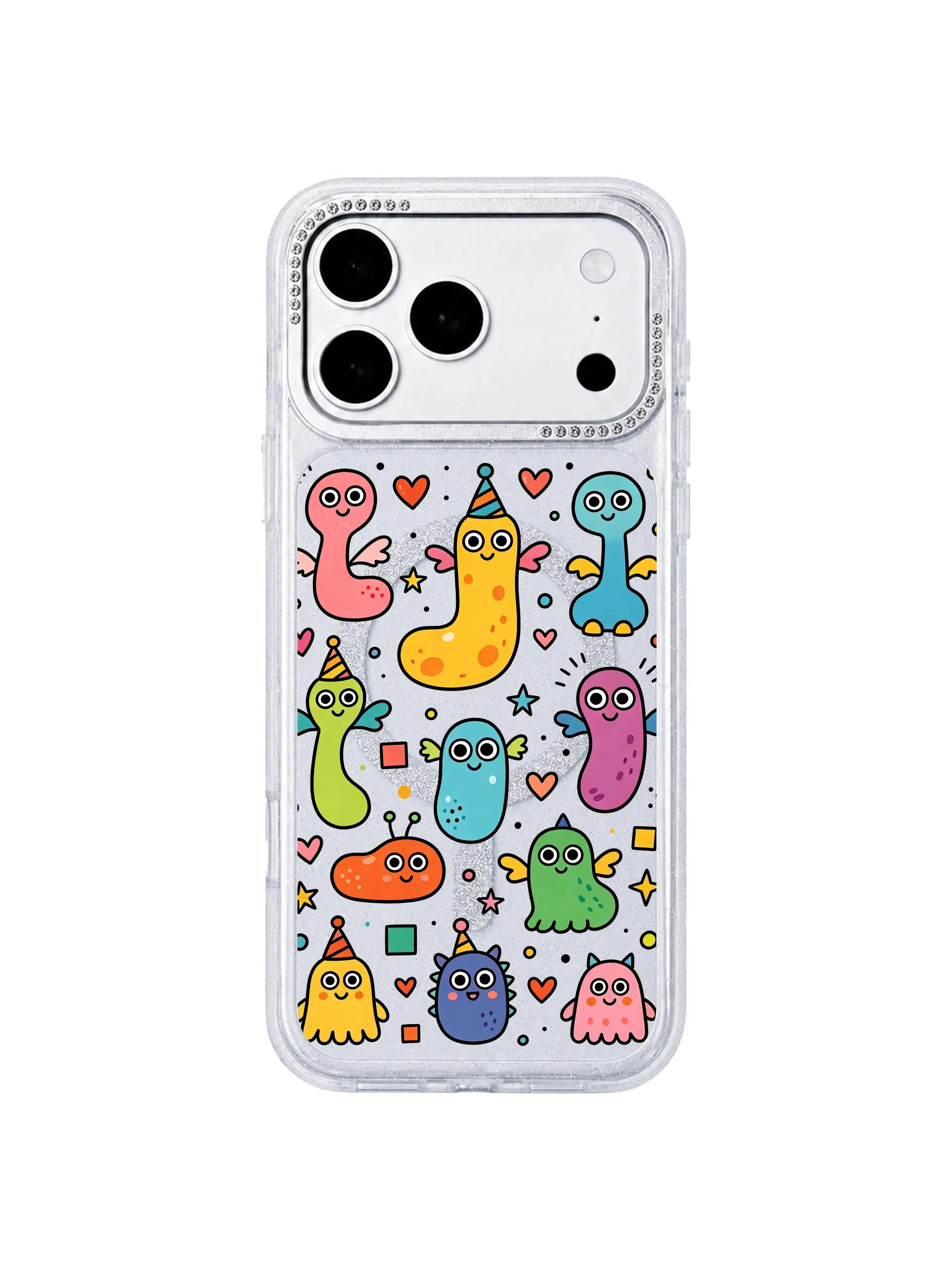 PhoneCasing zoomed detail banner of crystal rhinestone camera border on Heart Monster Village iPhone 17 Pro Max case, raised lens protection design featured for premium iPhone 17 Pro Max casing selling points
