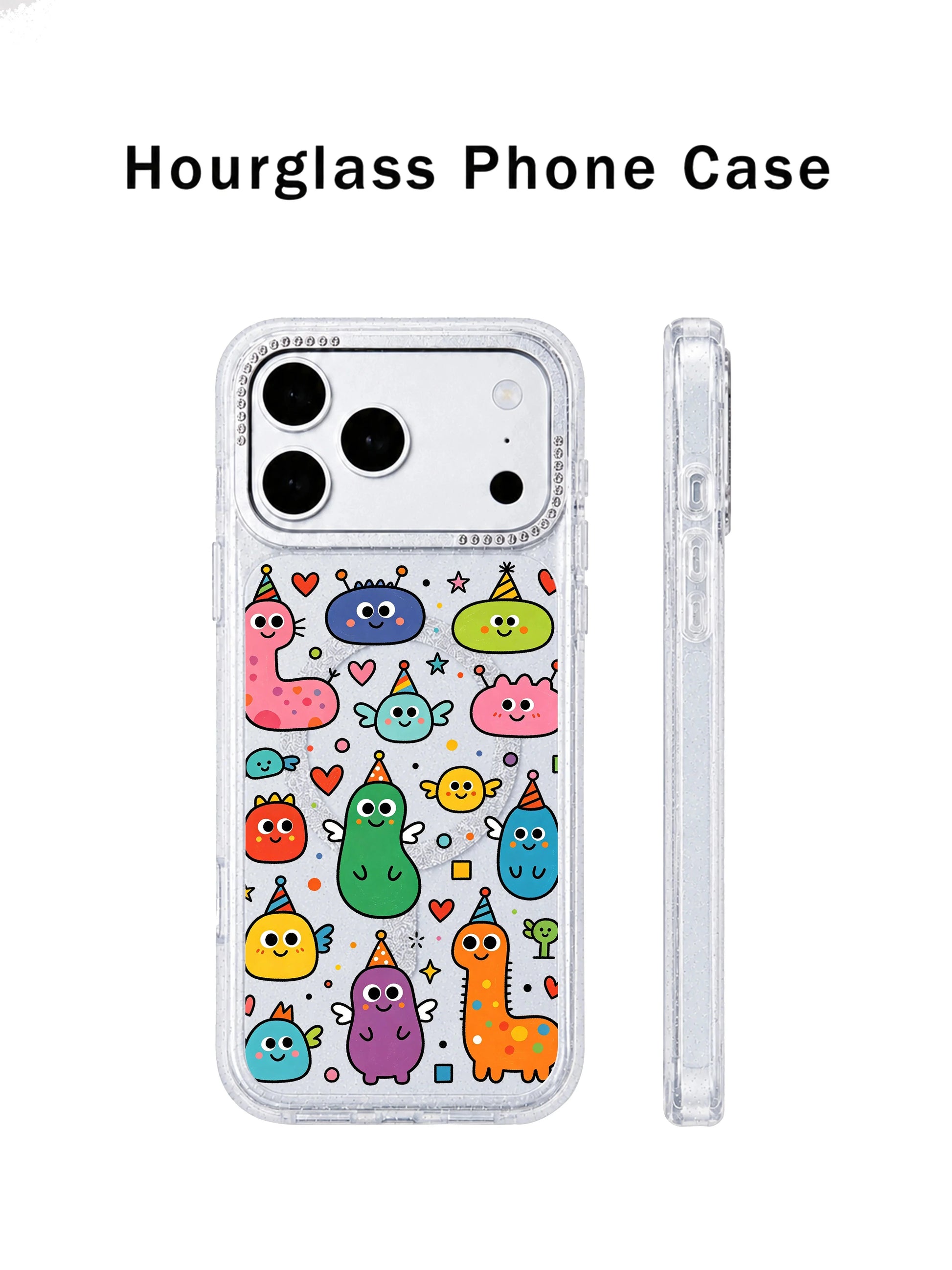 PhoneCasing dual-angle overview graphic of Heart Monster Village iPhone 17 Pro Max case, front art panel + side rhinestone lens frame combined view for product carousel slide iPhone 17 Pro Max casing