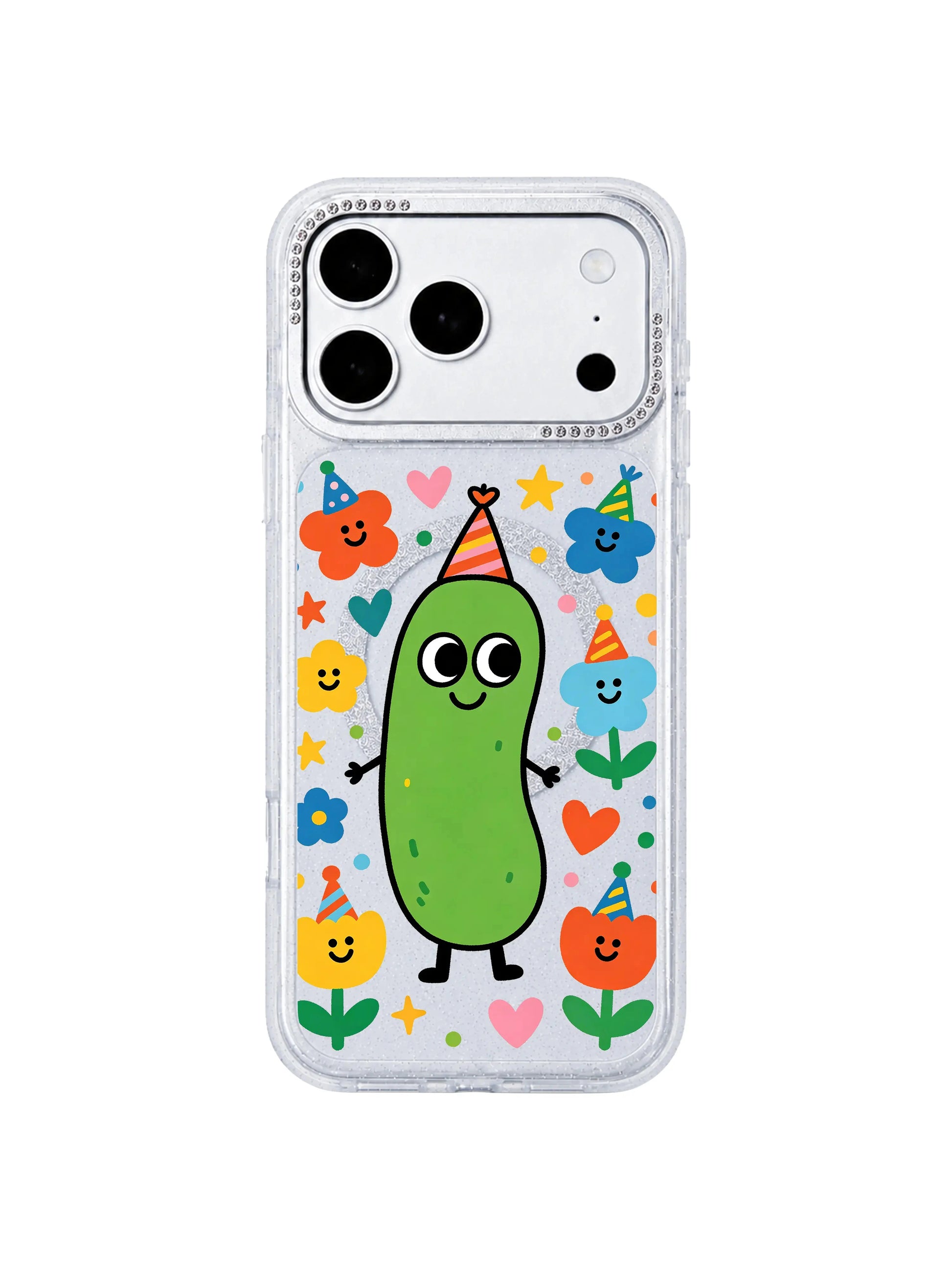 PhoneCasing cozy indoor handheld lifestyle photo of Imaginary Spring Pickle iPhone 17 Pro Max case, human hand holding glitter translucent iPhone 17 Pro Max casing with cheerful spring-themed pickle graphics for daily wear search ranking