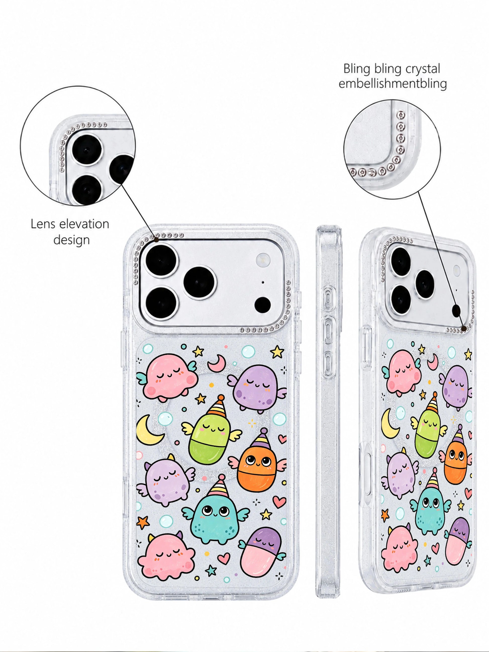 PhoneCasing 45-degree angled mockup listing hero Little Monster Daydream iPhone 17 Pro Max case, limited-edition whimsical sleepy doodle casing for store front page traffic