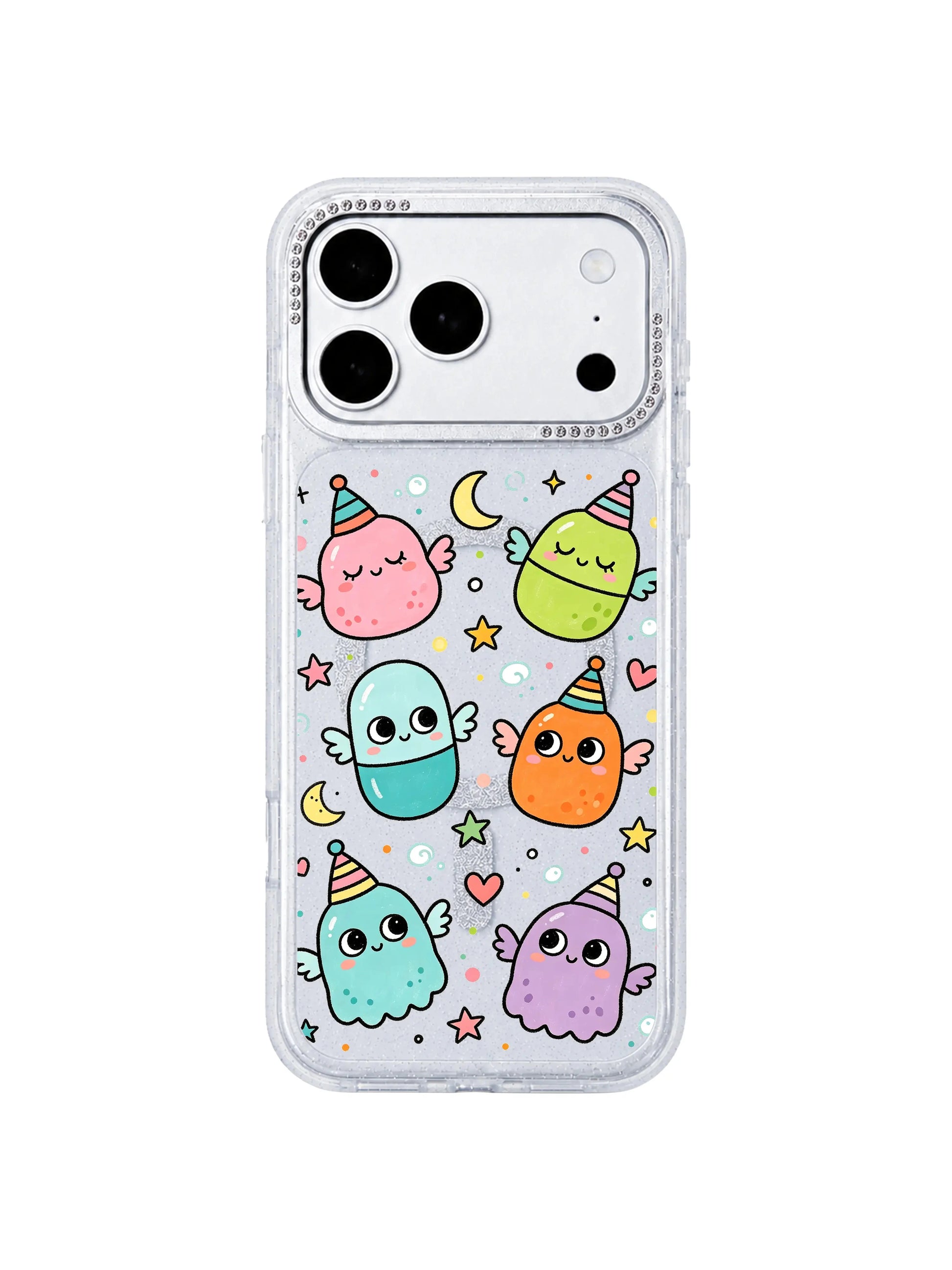  PhoneCasing cozy indoor home styling cover shot Little Monster Daydream iPhone 17 Pro Max casing, gentle sleepy winged monster case as front page aesthetic hero asset
