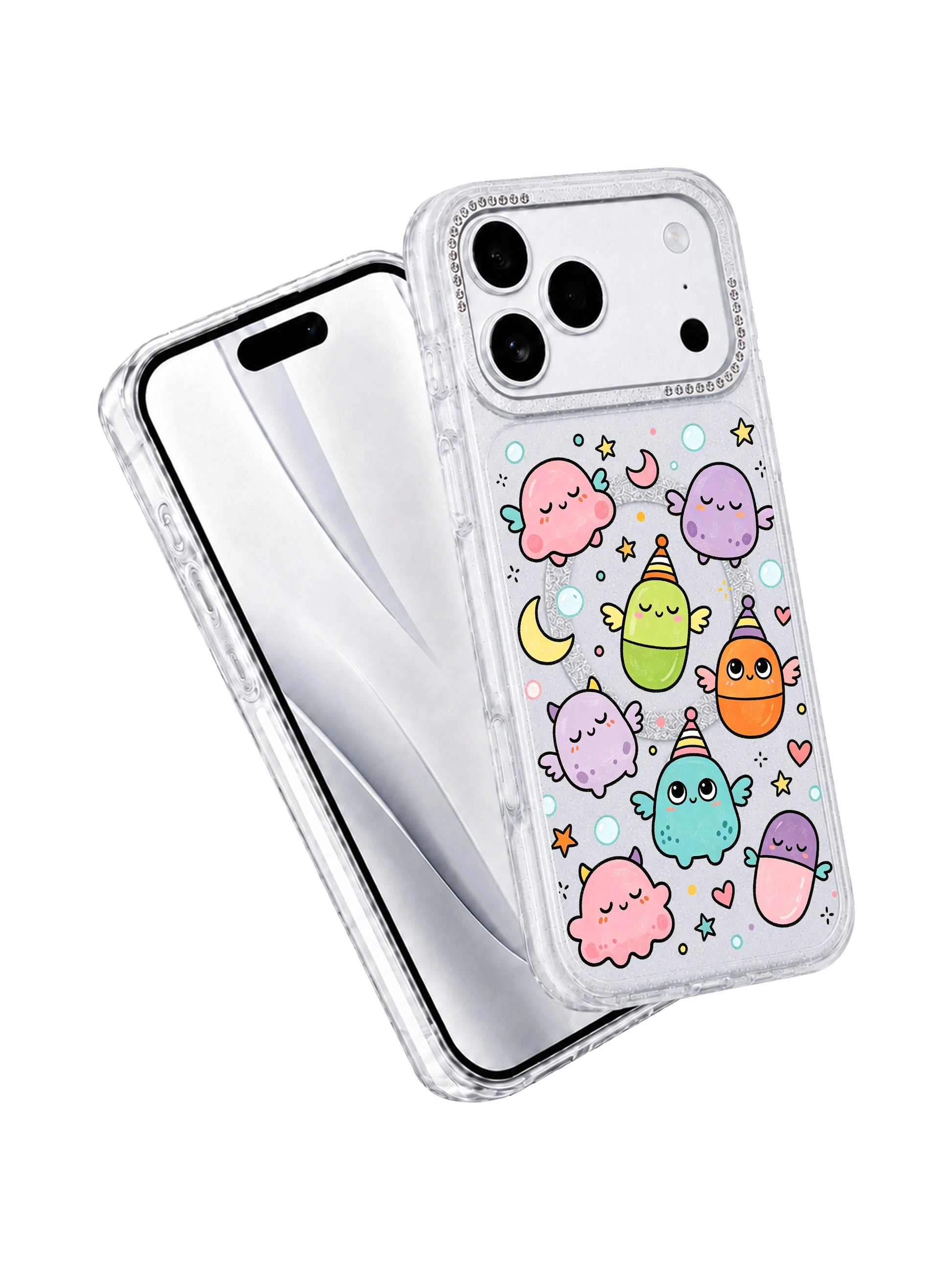 PhoneCasing full pattern front page display of Little Monster Daydream iPhone 17 Pro Max casing, complete archival wearable art print featuring sleepy winged ghost and pill monster characters