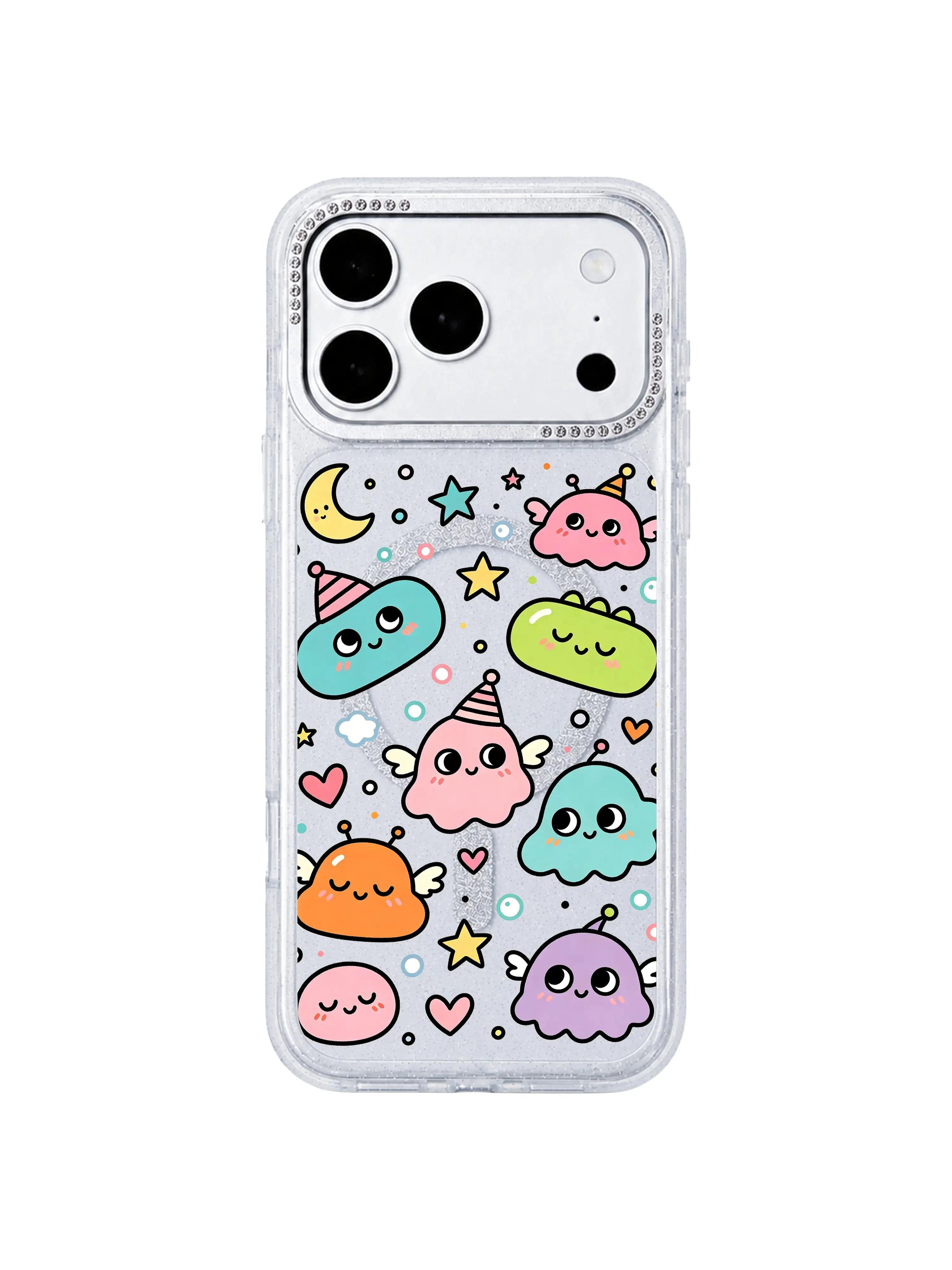 PhoneCasing glitter transparent base texture front banner Little Monster Daydream iPhone 17 Pro Max case, slim clear wearable art casing highlighting original hand-drawn dream monster series