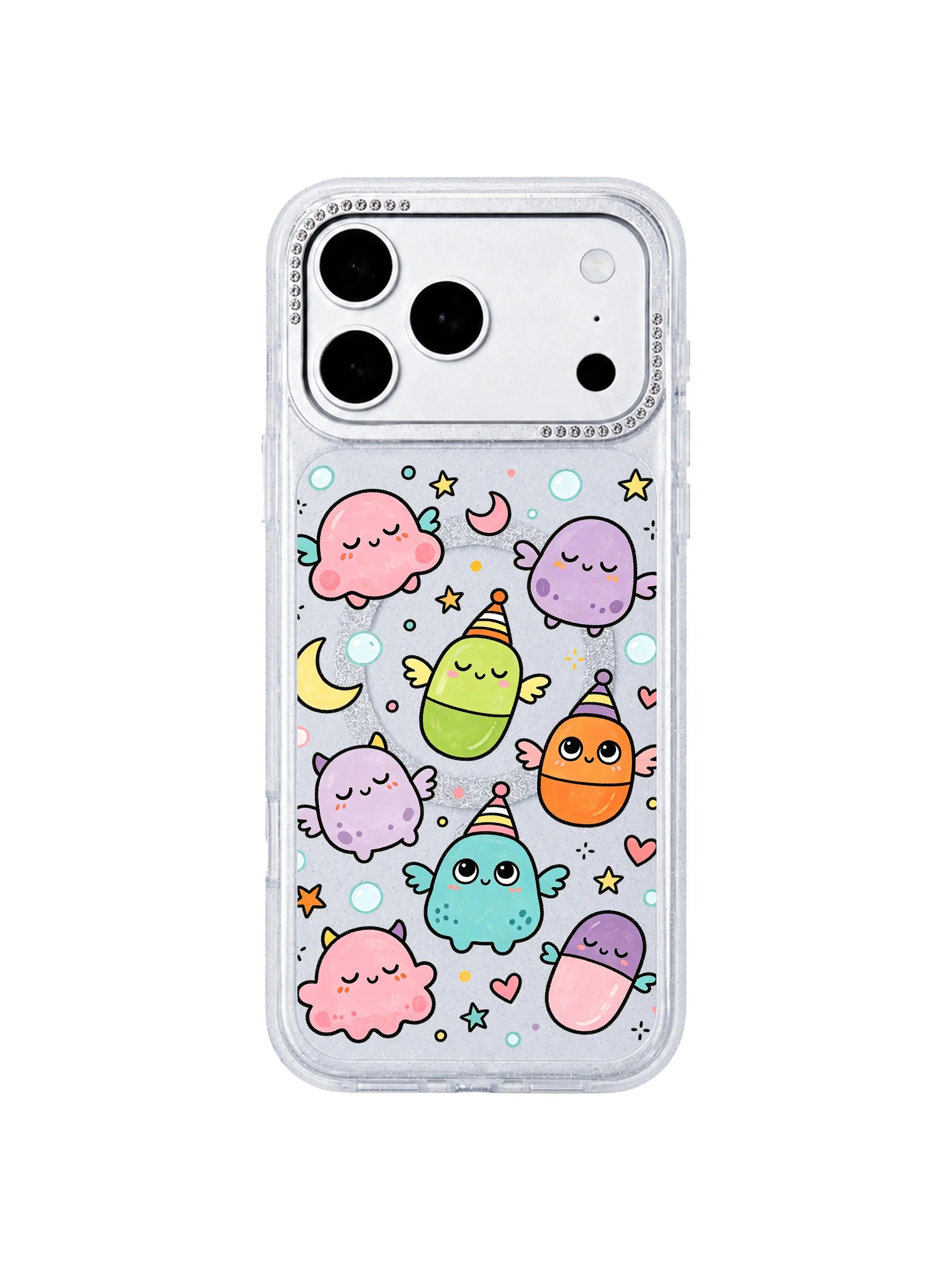 PhoneCasing indoor handheld lifestyle frontpage shot Little Monster Daydream iPhone 17 Pro Max case, soft relaxing sleepy monster doodle casing for women’s daily device styling
