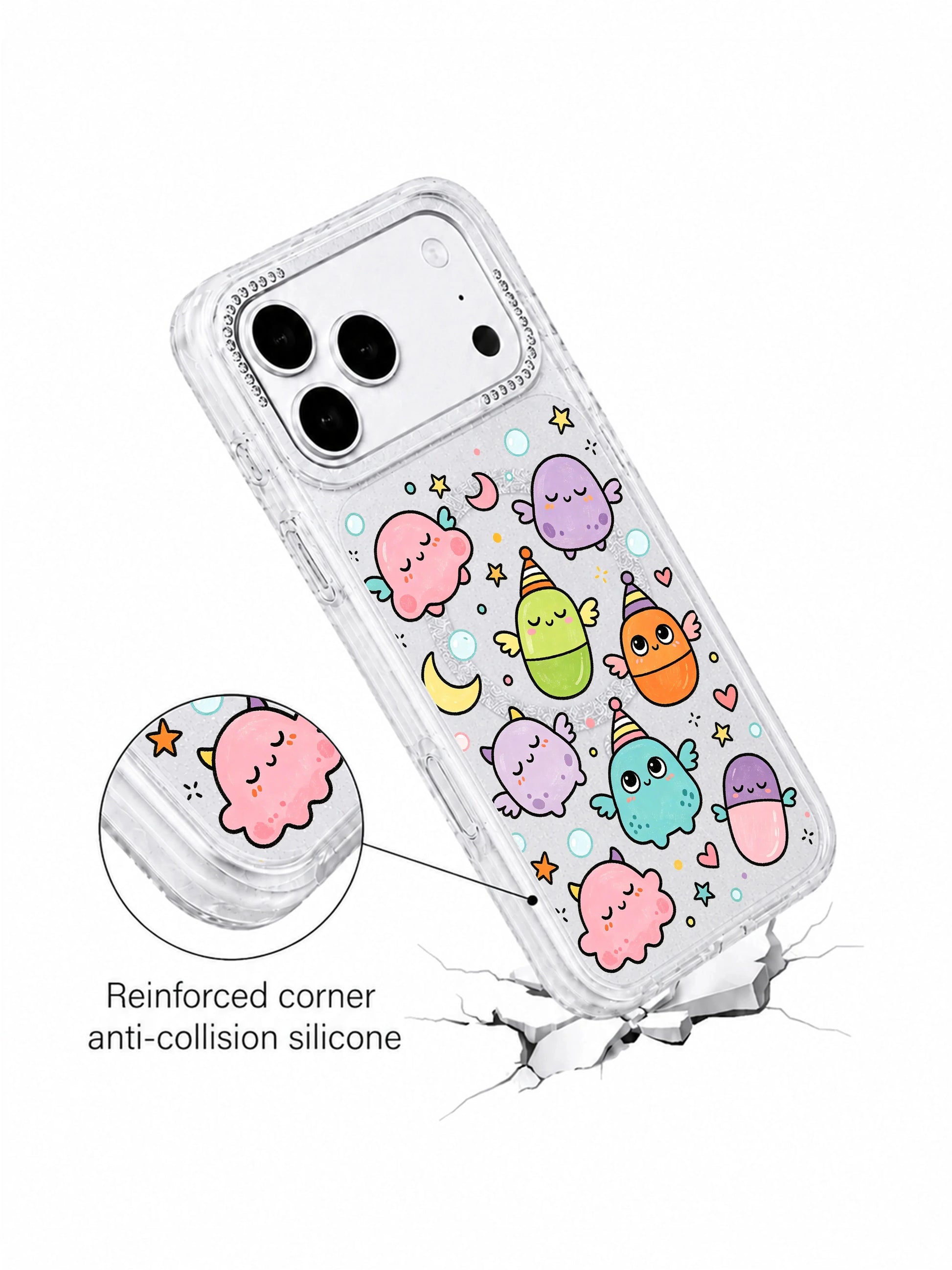 PhoneCasing MagSafe compatible frontpage feature shot Little Monster Daydream iPhone 17 Pro Max casing, glitter clear custom phone case with original Milo Popkins dream monster night sky illustration