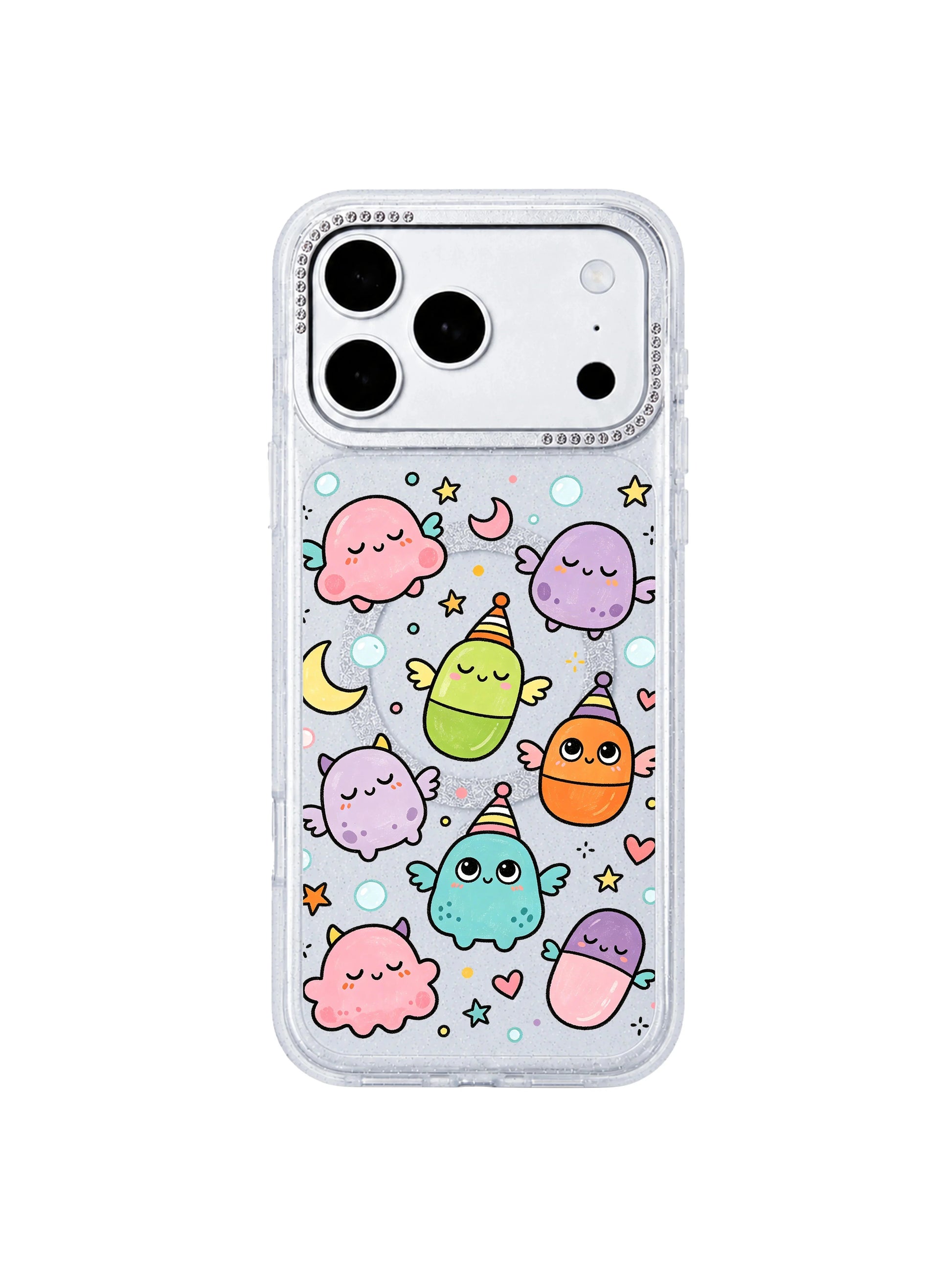 PhoneCasing exclusive Milo Popkins Little Monster Daydream iPhone 17 Pro Max case, core homepage hero glitter hourglass protective casing printed with pastel winged monster dream doodles for iPhone 17 Pro Max
