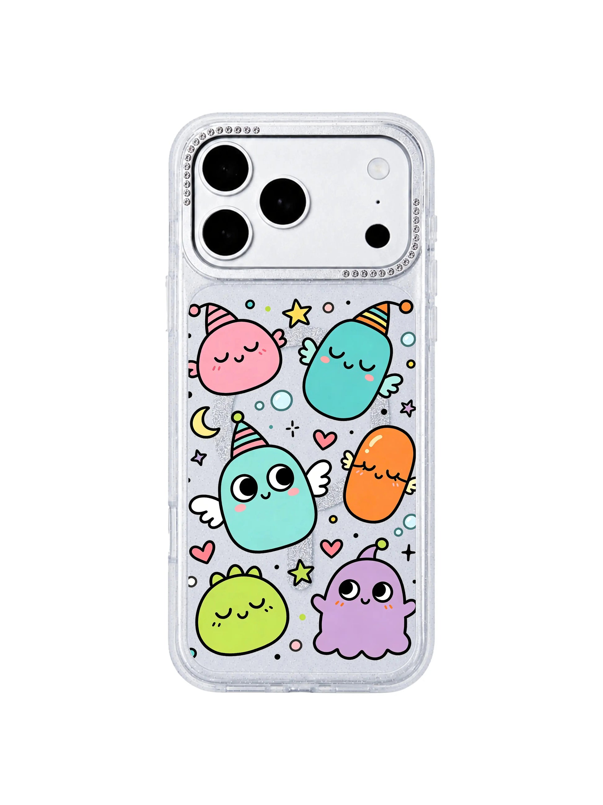 PhoneCasing moon star heart confetti decorative accent main detail Little Monster Daydream iPhone 17 Pro Max casing, warm calming whimsical doodle art from Milo Popkins x PhoneCasing limited collab