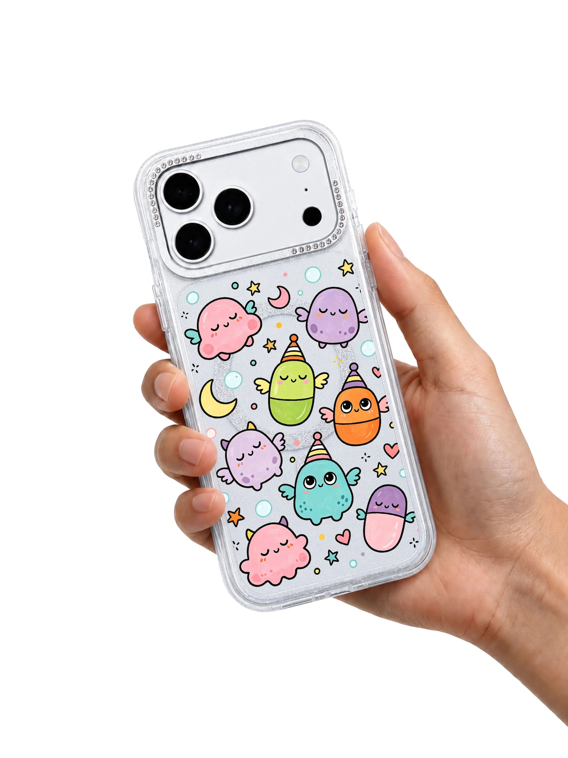 PhoneCasing slim lightweight side profile main image Little Monster Daydream iPhone 17 Pro Max casing, hourglass glitter protective case displayed on product homepage