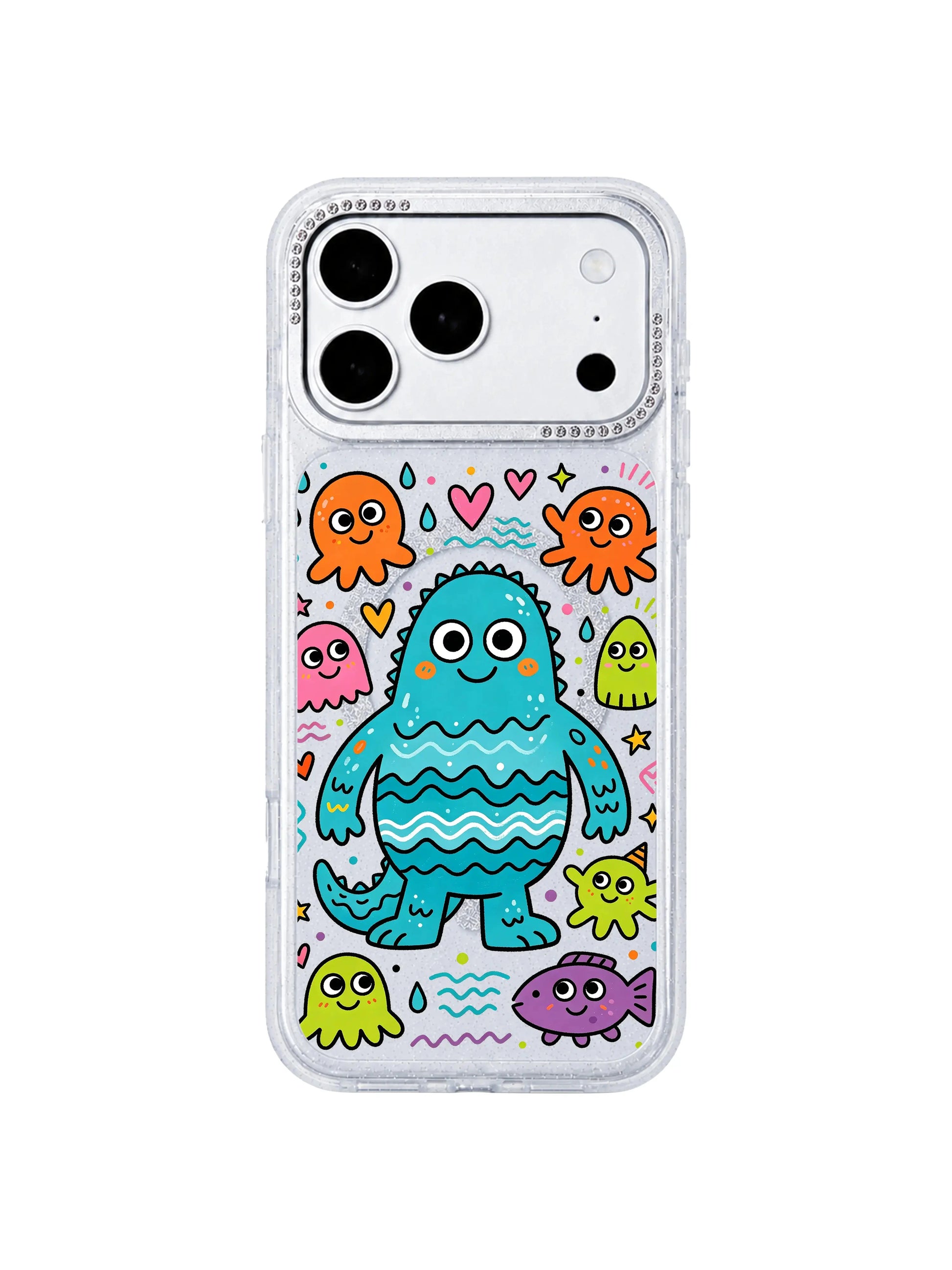 PhoneCasing macro art close-up of Milo Popkins fade-resistant UV marine wavy print on iPhone 17 Pro Max case, capturing fine texture of octopus, sea drops and heart accents on the iPhone 17 Pro Max casing