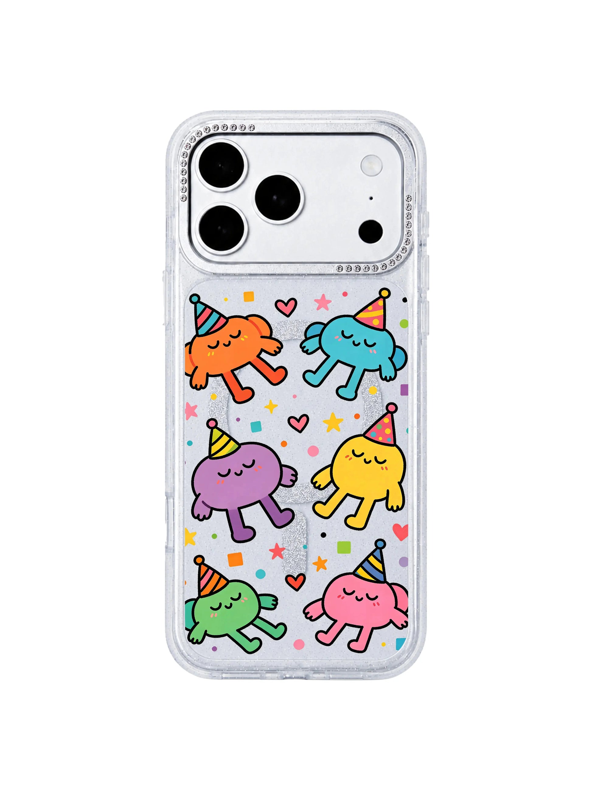 PhoneCasing dual-angle overview graphic of Nap Hat Monster iPhone 17 Pro Max case, front artwork panel plus side rhinestone lens frame combined visual for product carousel slide iPhone 17 Pro Max casing listing
