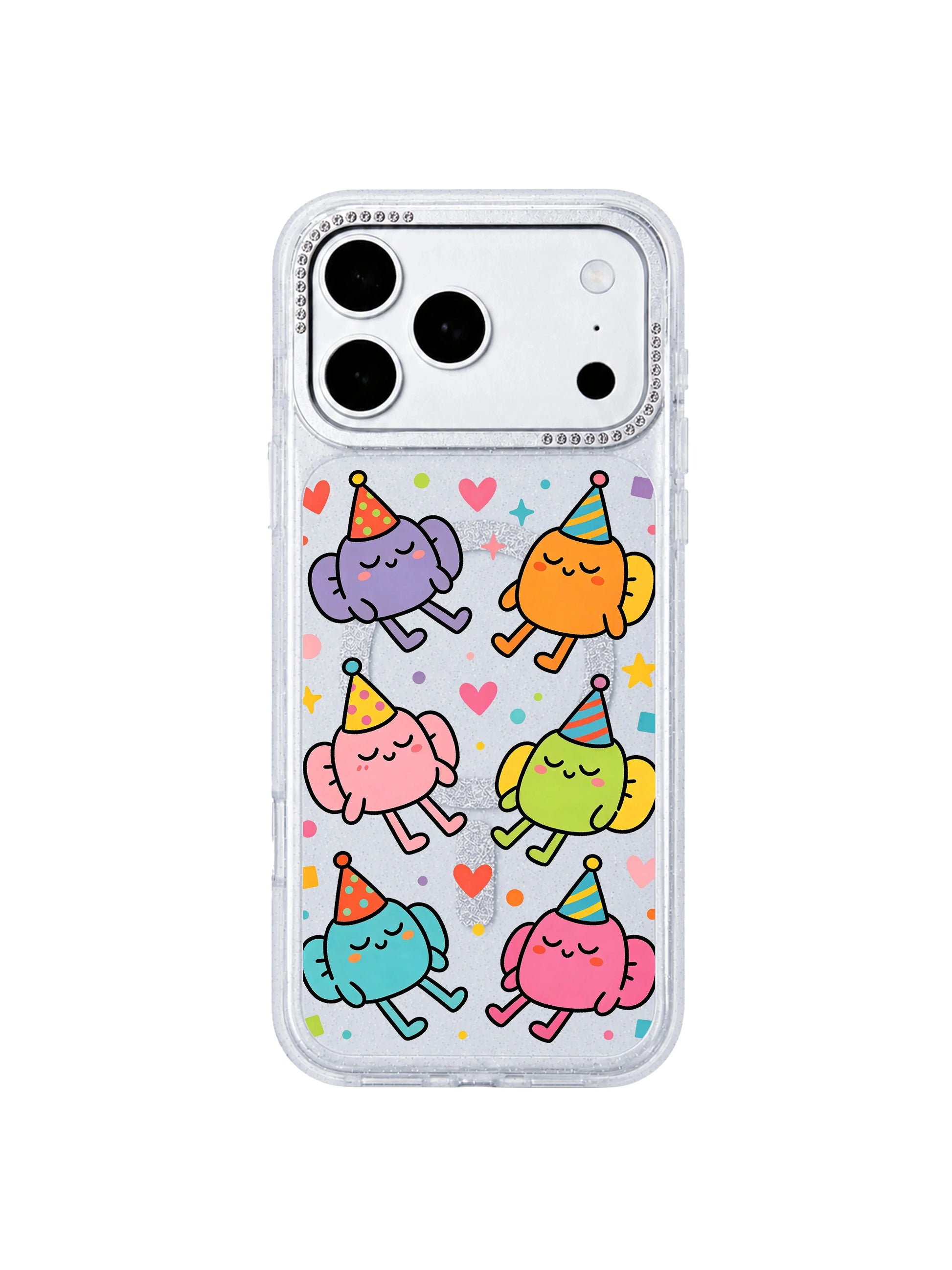 PhoneCasing split dual device mockup showcasing Nap Hat Monster iPhone 17 Pro Max case, clear glitter silicone protective casing paired with blank iPhone 17 Pro Max front screen to display full sleepy creature print coverage, premium limited artist collab iPhone 17 Pro Max casing