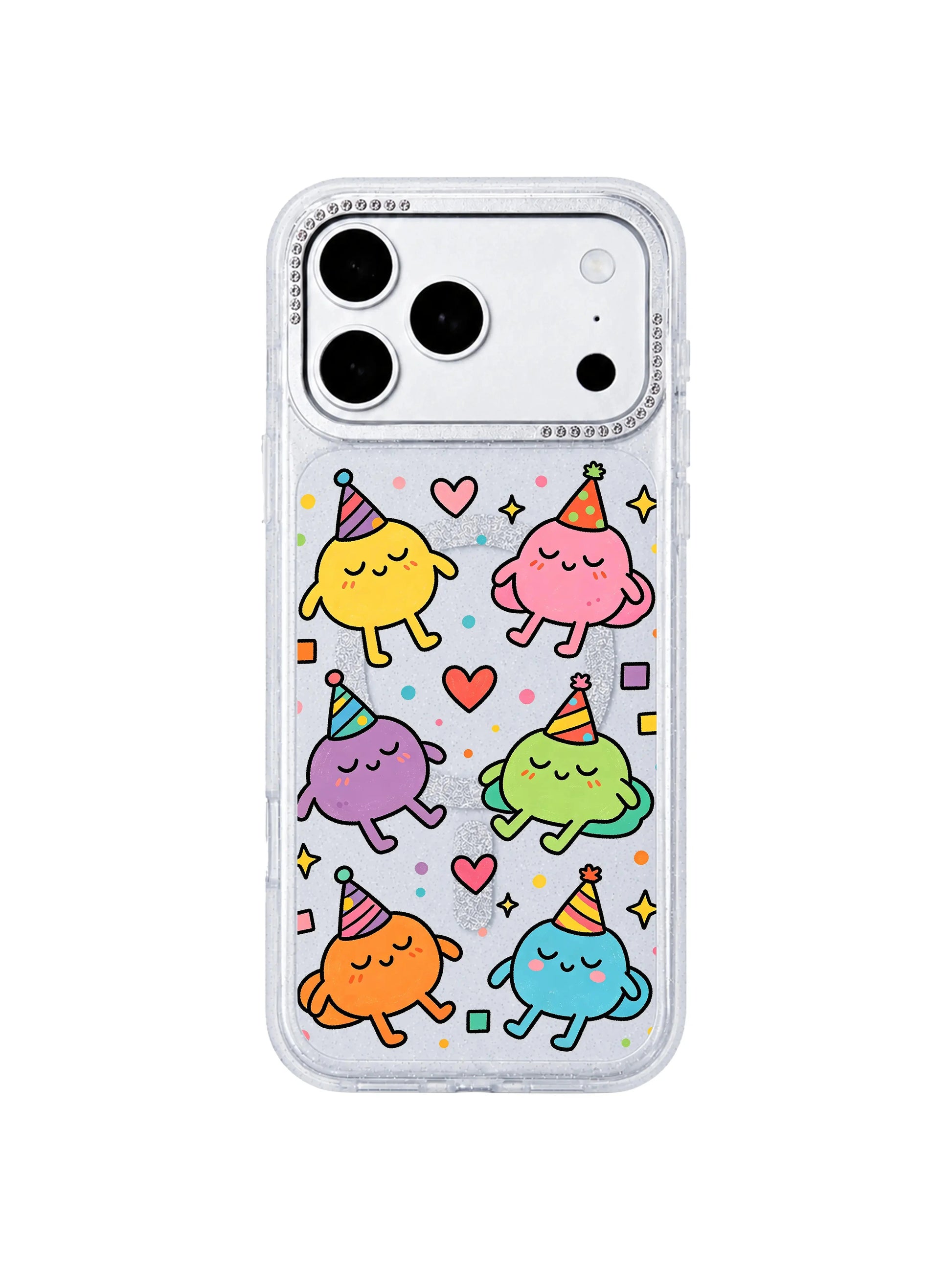 PhoneCasing full color display shot of Nap Hat Monster iPhone 17 Pro Max case, soft saturated multicolor sleepy blob doodles printed with long-wearing scratch-proof UV ink, full hue showcase iPhone 17 Pro Max casing