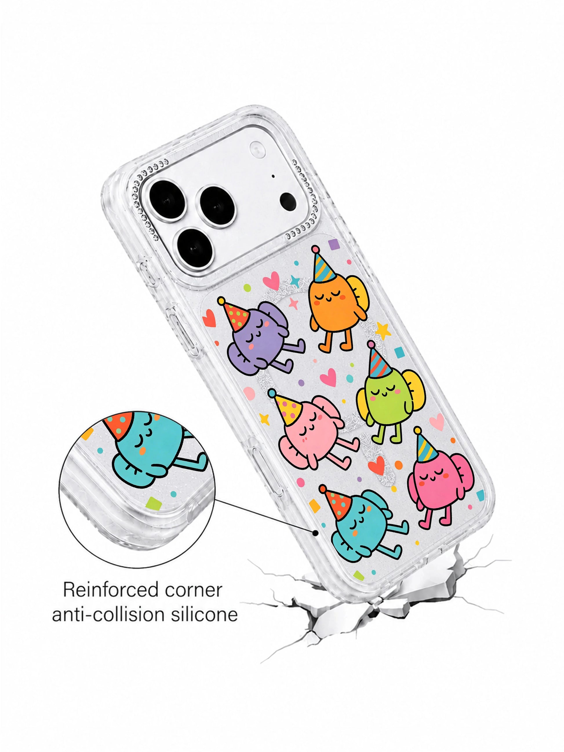 PhoneCasing indoor handheld lifestyle photo featuring Nap Hat Monster iPhone 17 Pro Max case, calming kidcore sleepy blob print on shimmer clear glitter casing, casual everyday carry asset driving organic traffic for iPhone 17 Pro Max case