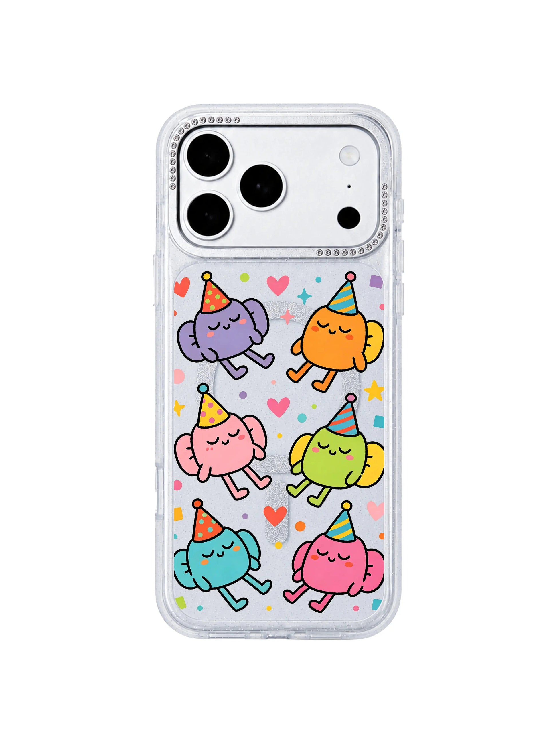 PhoneCasing decorative element closeup of hand-drawn hearts, stars and geometric confetti scattered around napping blob creatures on Nap Hat Monster iPhone 17 Pro Max case, core gentle quiet theme storytelling graphic for narrative-focused iPhone 17 Pro Max casing copy
