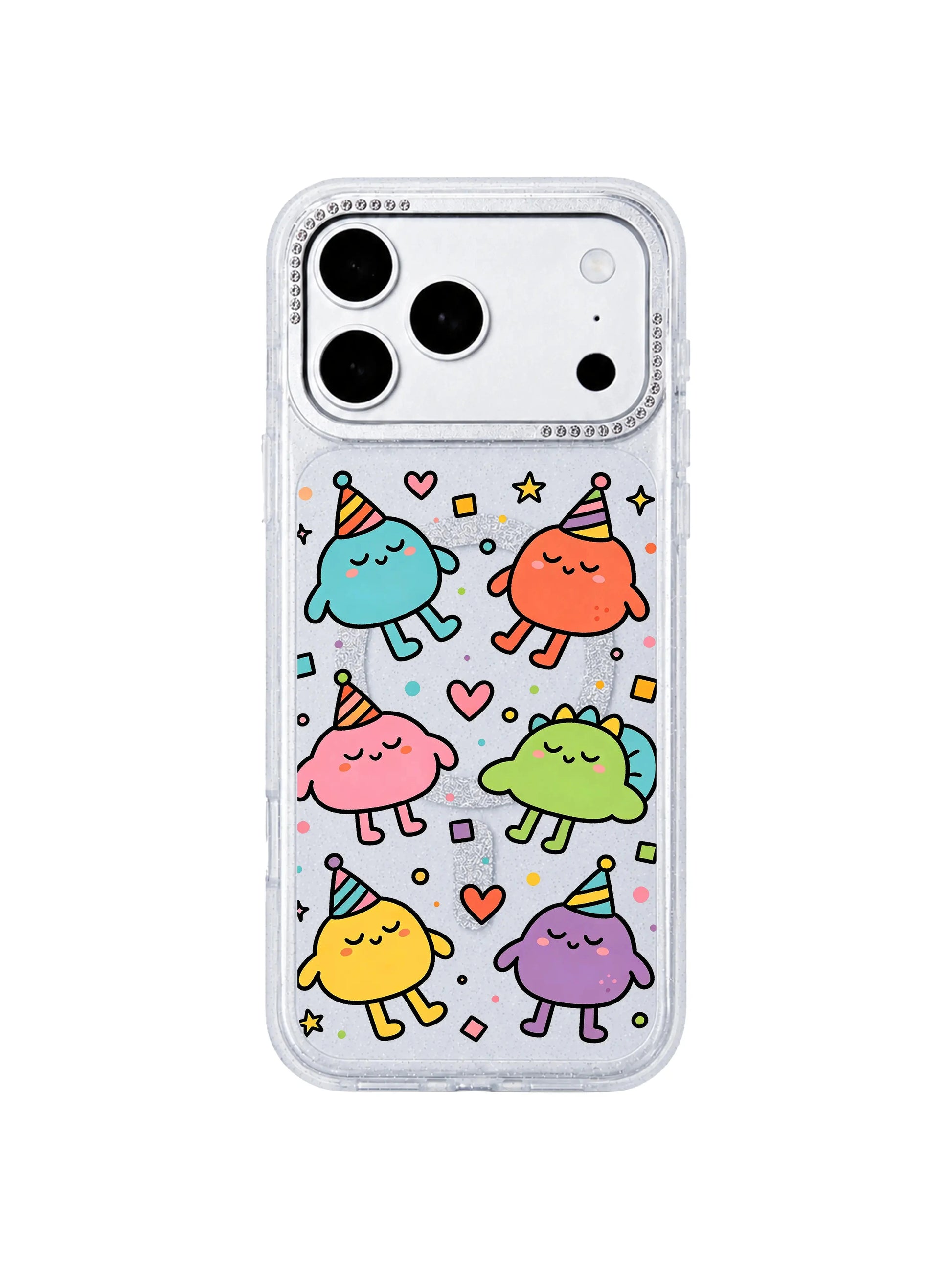 PhoneCasing partial back closeup revealing built-in MagSafe wireless charging ring inside Nap Hat Monster iPhone 17 Pro Max case, seamless magnetic charging compatible feature graphic for iPhone 17 Pro Max casing