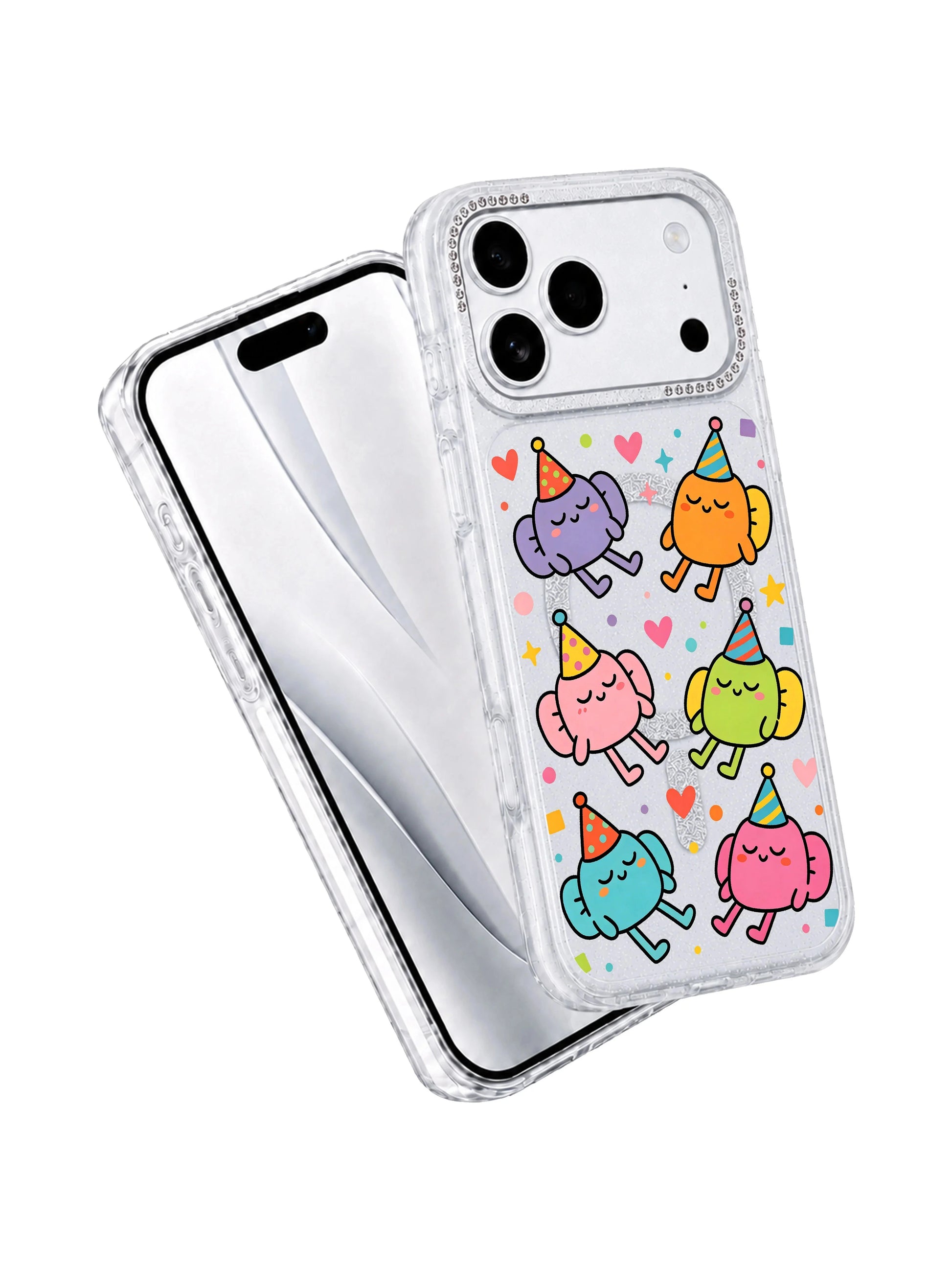 PhoneCasing hourglass phone case three-view diagram for Nap Hat Monster iPhone 17 Pro Max case, front artwork panel and slim glitter side frame, informational graphic placed inside iPhone 17 Pro Max casing product description section
