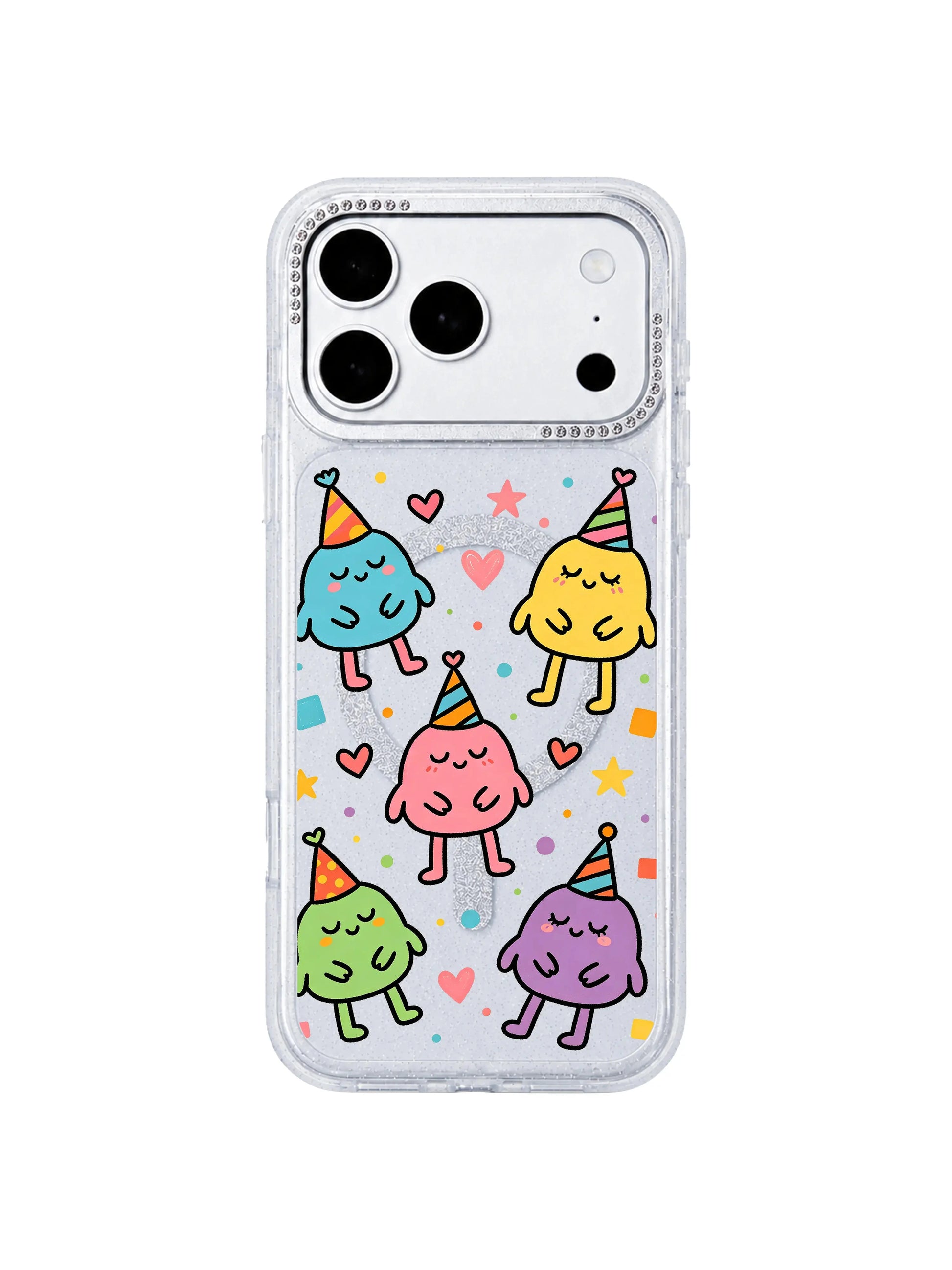 PhoneCasing minimalist isolated product mockup of Nap Hat Monster iPhone 17 Pro Max case, transparent glitter casing on blank white background, clean ad asset for paid social and email marketing iPhone 17 Pro Max casing