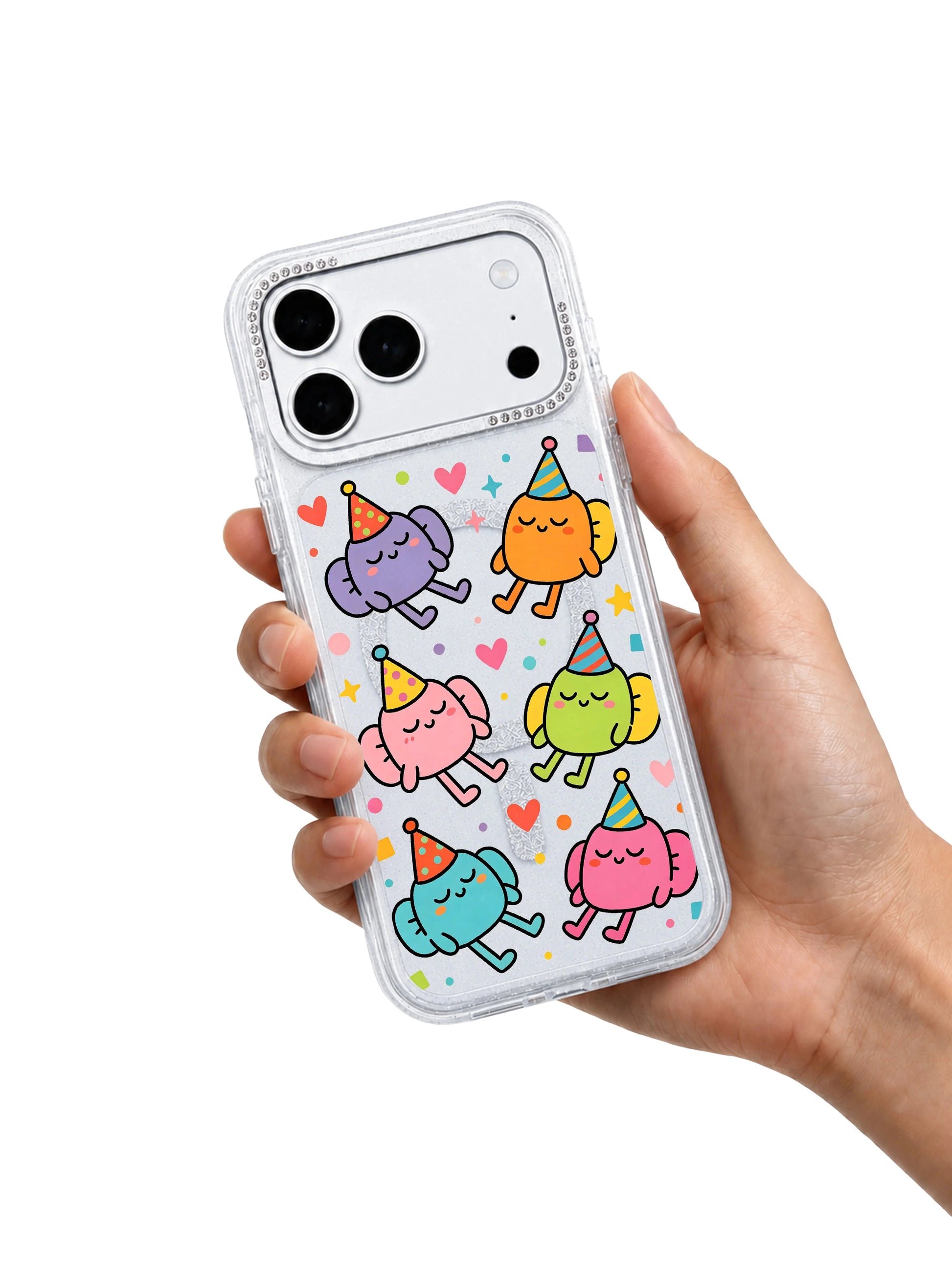 PhoneCasing outdoor street lifestyle photograph of blonde model holding Nap Hat Monster iPhone 17 Pro Max case, gentle quiet nap creature doodle art, aesthetic lifestyle visual boosting image search ranking for iPhone 17 Pro Max case
