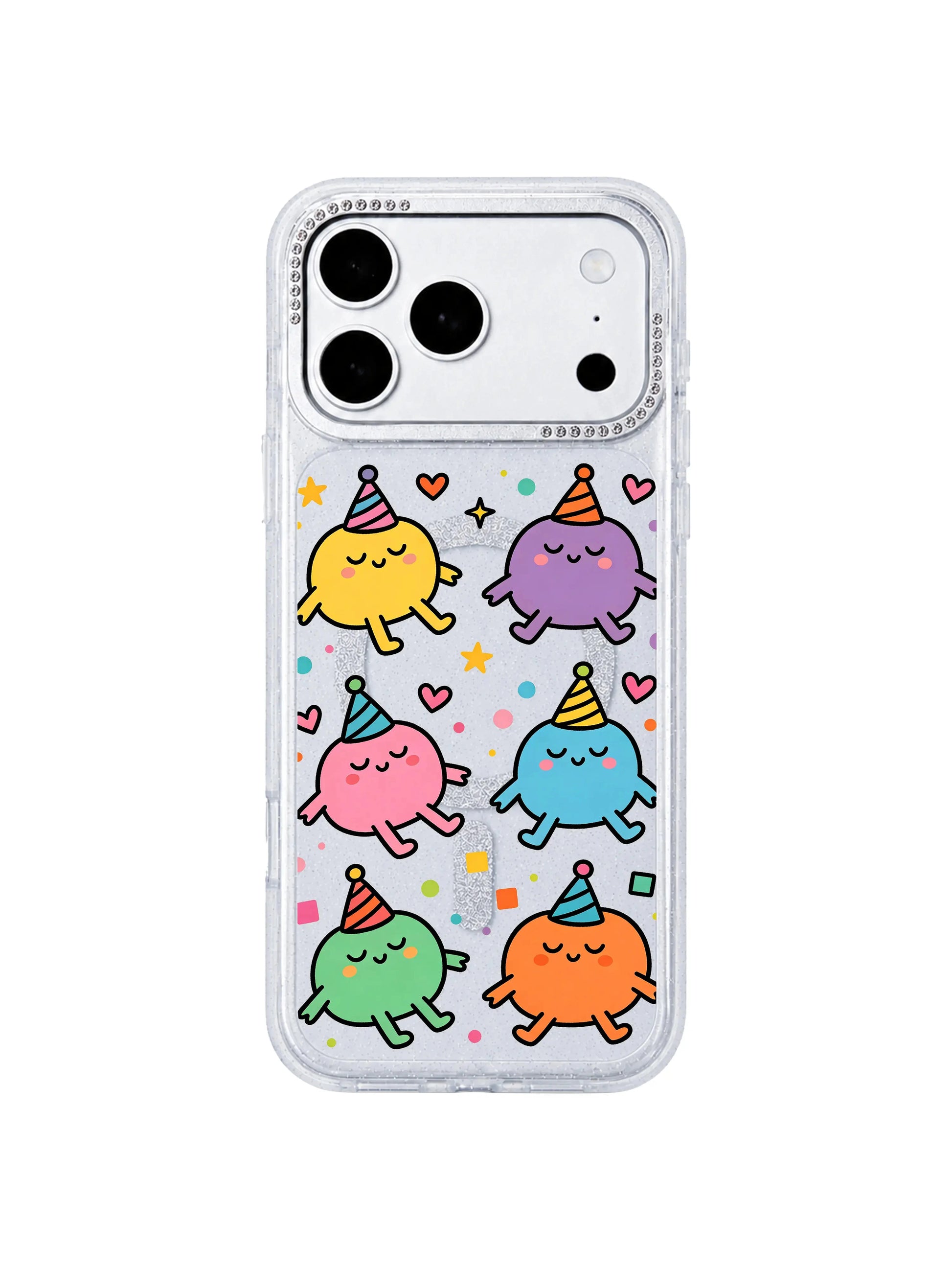 PhoneCasing character macro shot of striped party hat napping blob monsters resting among soft decor on Nap Hat Monster iPhone 17 Pro Max case, Milo Popkins signature calm naive doodle style on clear glitter iPhone 17 Pro Max casing