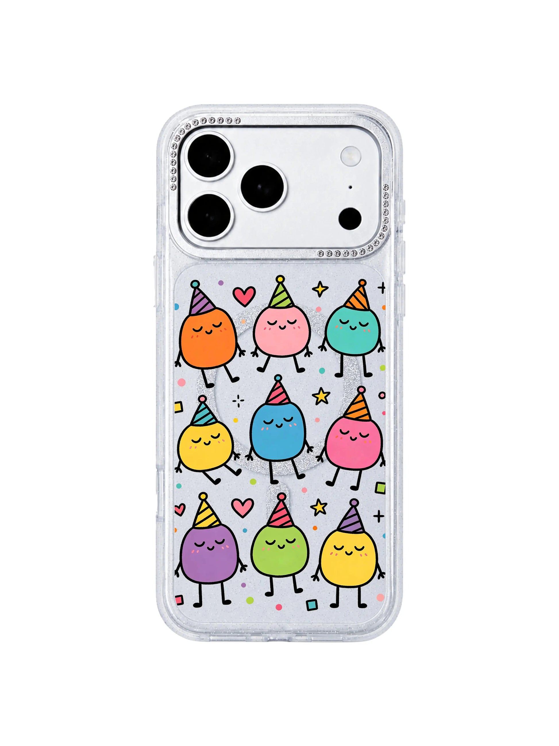 PhoneCasing texture macro image of shimmer translucent silver glitter clear base on Nap Hat Monster iPhone 17 Pro Max case, light-catching neutral background making soft sleepy blob doodles pop, slim lightweight texture detail iPhone 17 Pro Max protective casing
