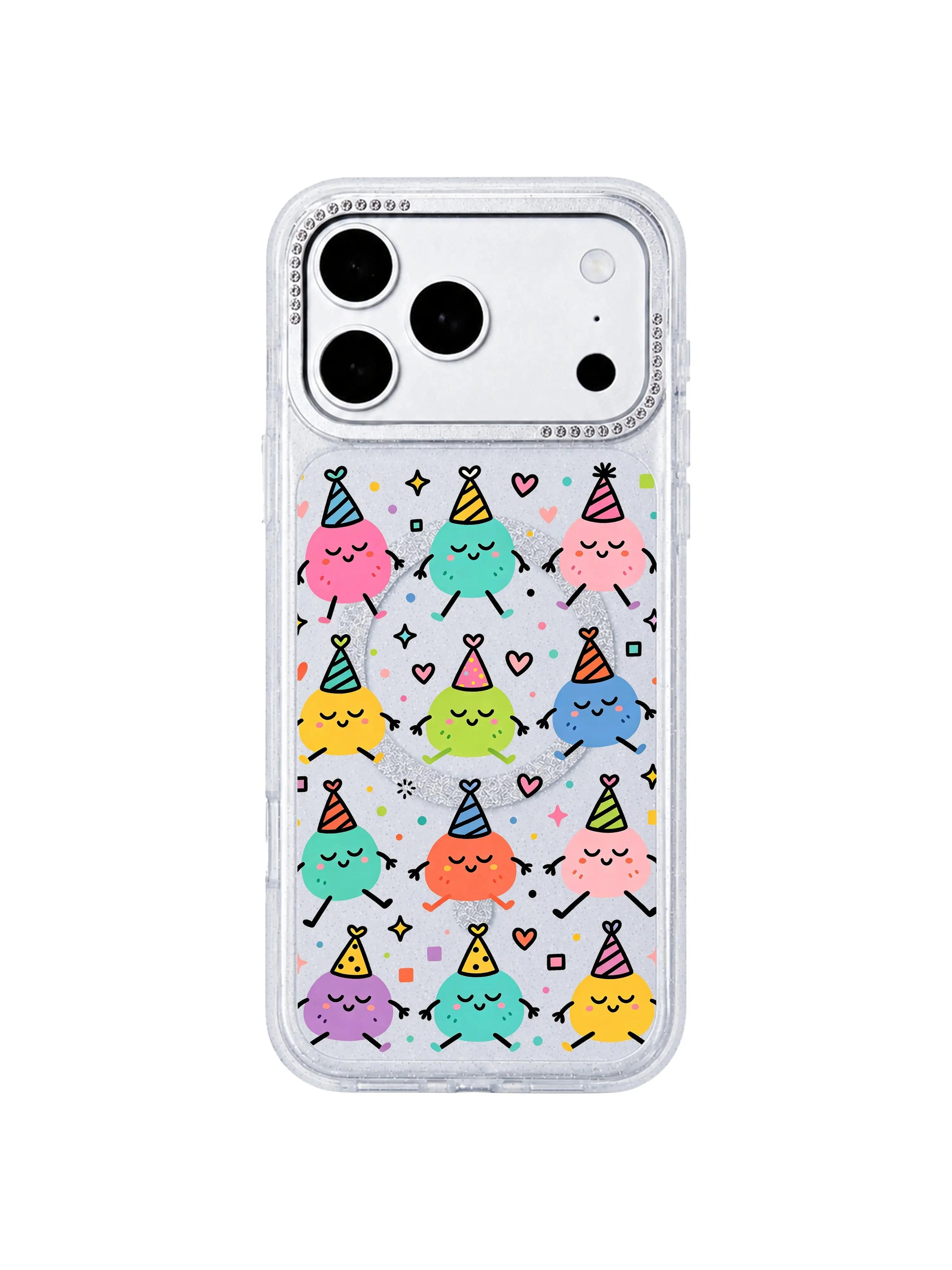  PhoneCasing wide horizontal homepage banner featuring full Nap Hat Monster grid print on iPhone 17 Pro Max case, complete layout of resting colorful blob characters, collection hero banner for iPhone 17 Pro Max case category page