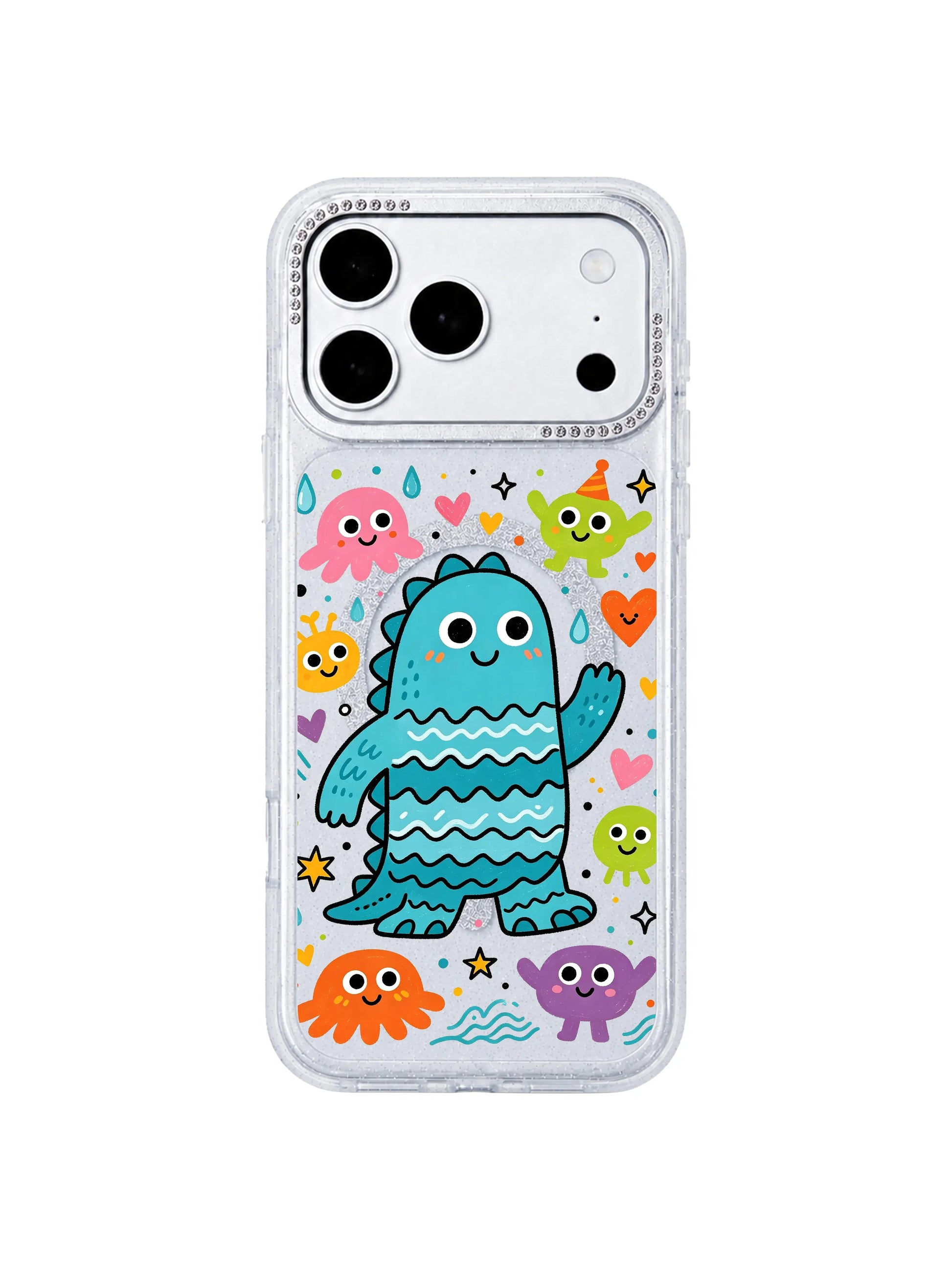 PhoneCasing official Milo Popkins Ocean Blue Monster iPhone 17 Pro Max case, flat white background front mockup of rhinestone glitter shockproof iPhone 17 Pro Max casing with whimsical sea creature doodles for store homepage hero banner