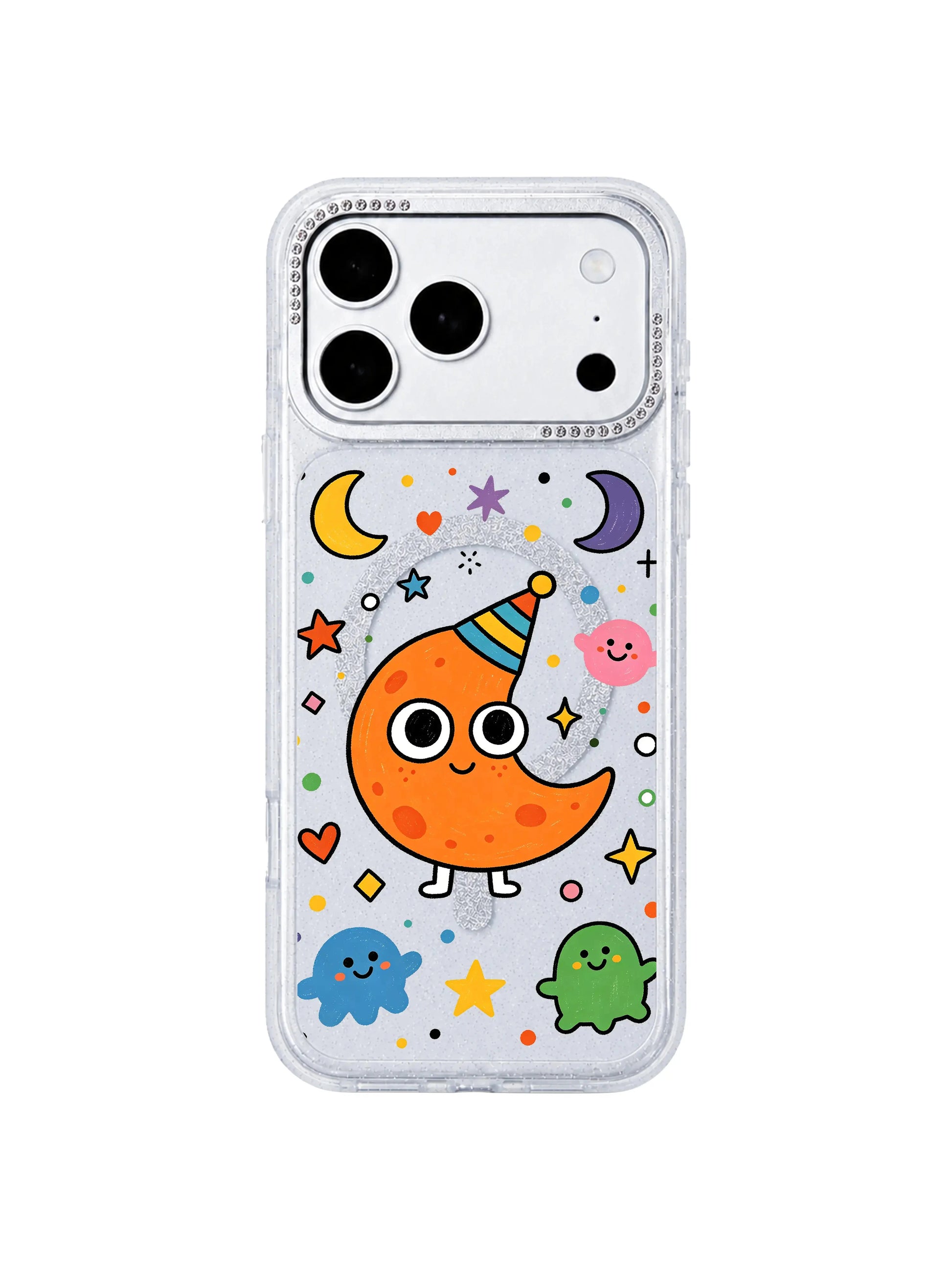 PhoneCasing side cutout close-up showing perfectly molded volume buttons, charging port and speaker grilles on Orange Moon Monster iPhone 17 Pro Max case, zero-loose custom fit demonstration for iPhone 17 Pro Max protective casing