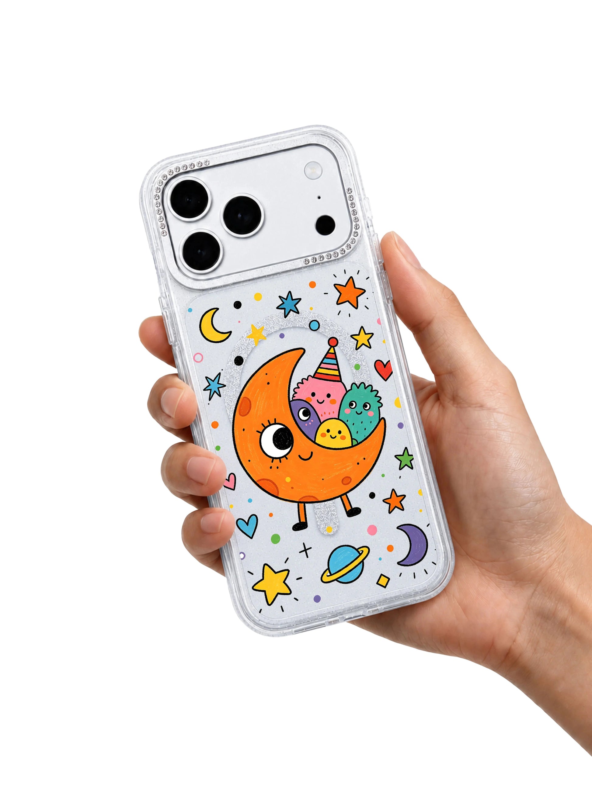 PhoneCasing close-up banner of bling crystal rhinestone camera trim on Orange Moon Monster iPhone 17 Pro Max case, raised scratch-proof lens lip detail highlight for luxury style iPhone 17 Pro Max casing