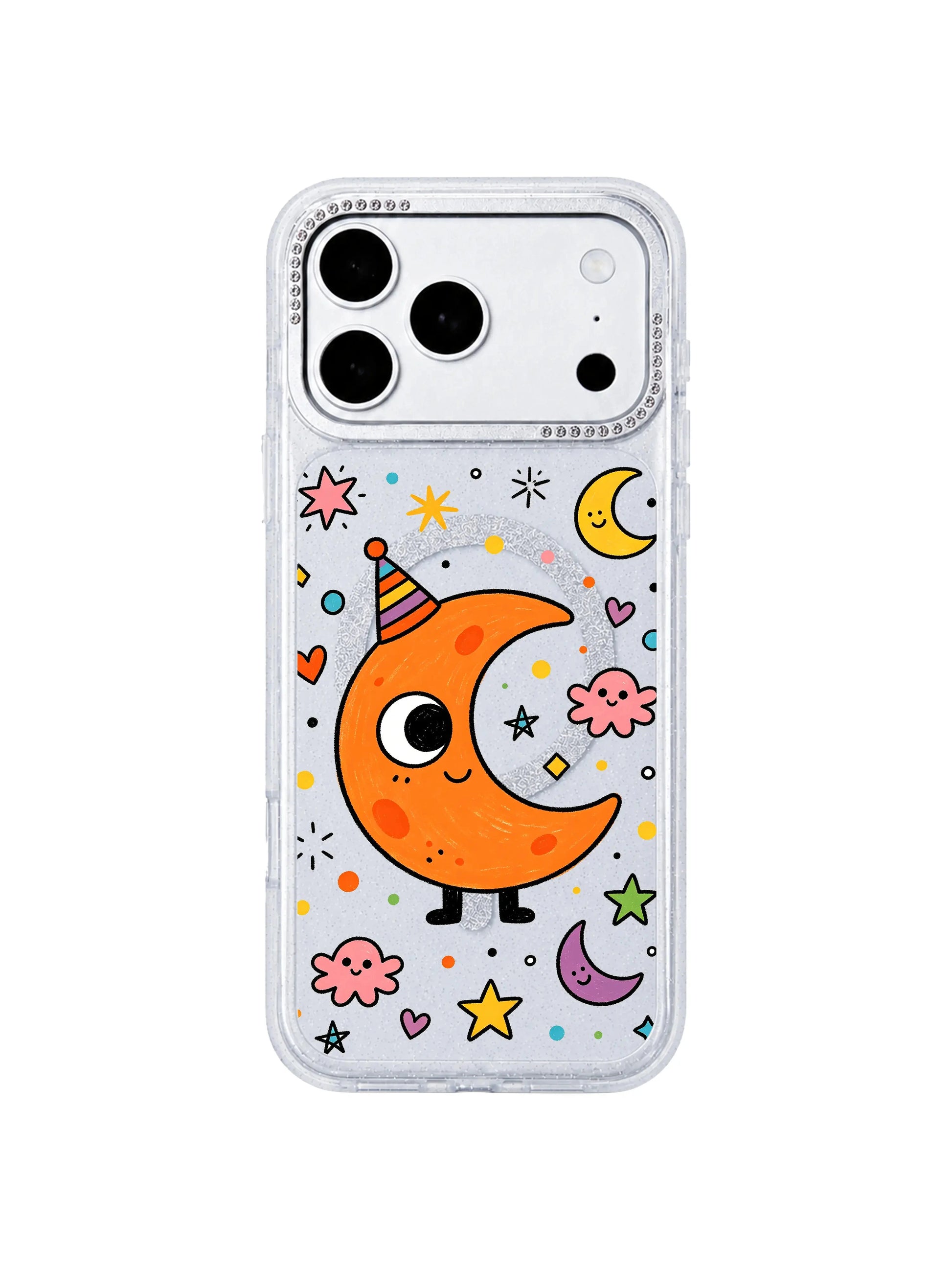PhoneCasing dual-angle carousel overview graphic of Orange Moon Monster iPhone 17 Pro Max case, front printed artwork panel plus side rhinestone lens frame combined visual for Shopify product carousel slide iPhone 17 Pro Max casing listing