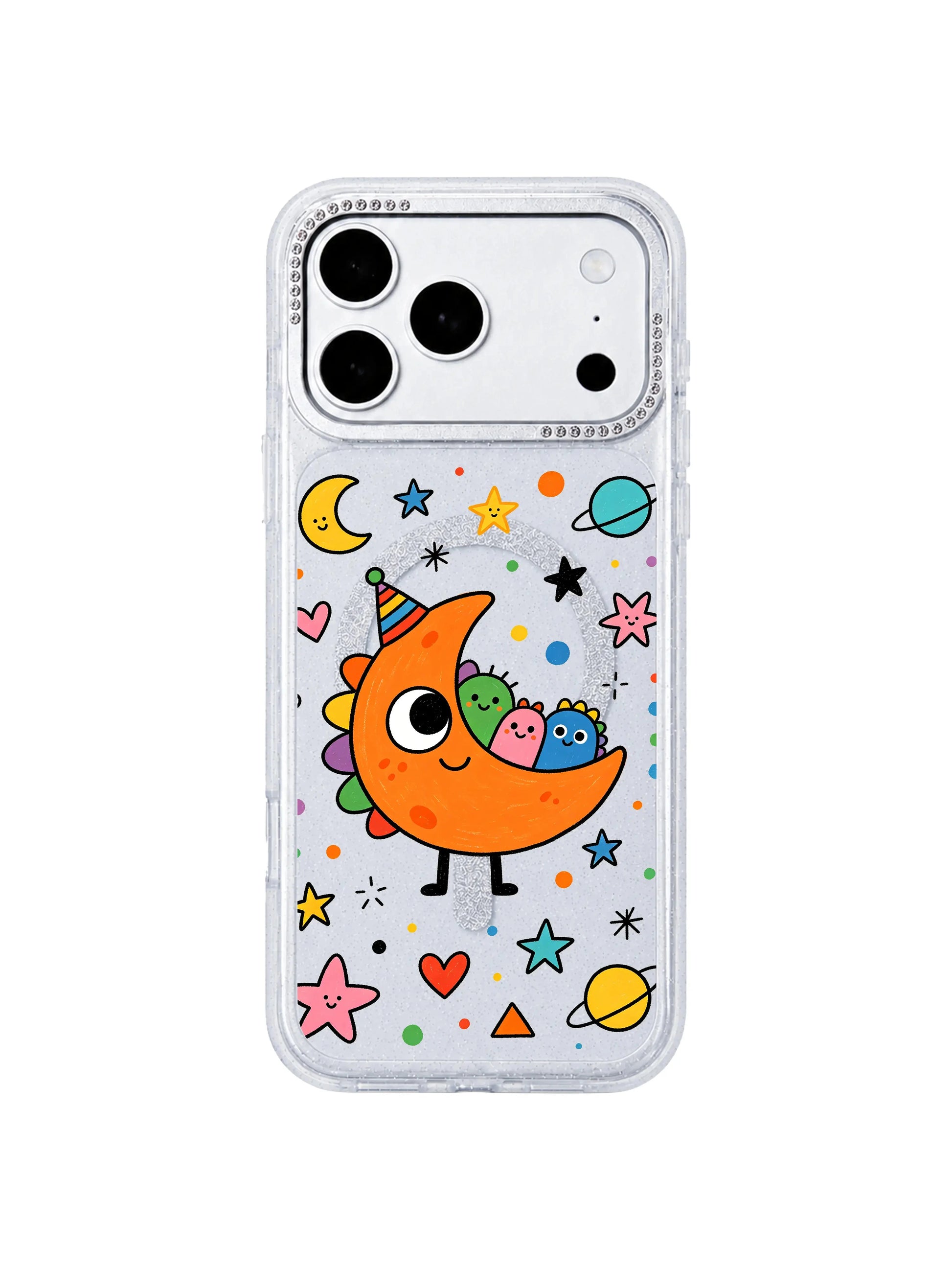 PhoneCasing full color spectrum display shot of Orange Moon Monster iPhone 17 Pro Max case, warm vivid orange crescent moon and pastel space blob monster doodles printed with scratch-proof long-lasting UV ink, complete hue showcase for iPhone 17 Pro Max casing