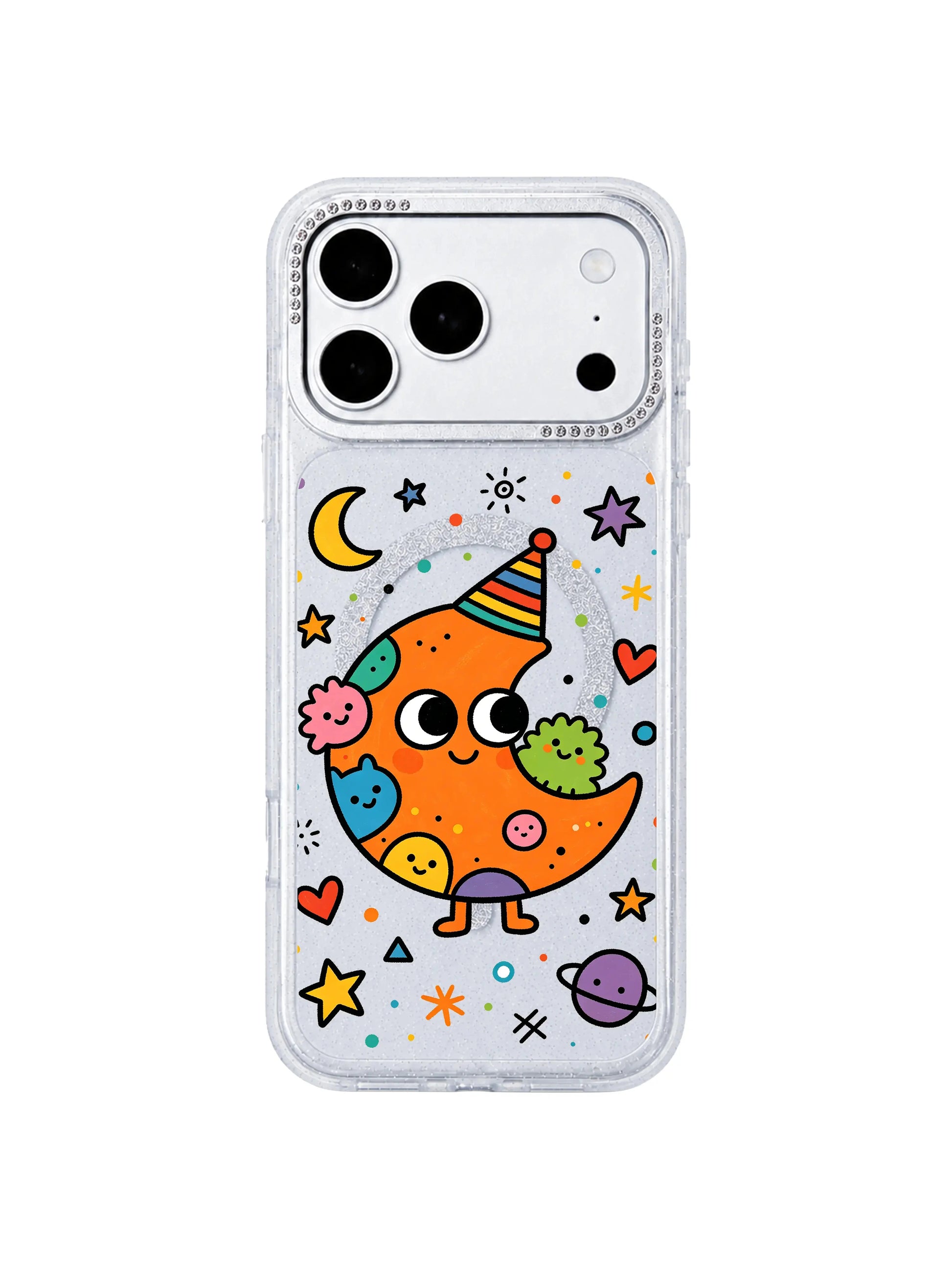 PhoneCasing group preview display shot of full Orange Moon Monster pattern collection lineup on iPhone 17 Pro Max case, complete set of unique warm orange crescent moon and tiny space blob creature designs, collection overview graphic for iPhone 17 Pro Max casing category page