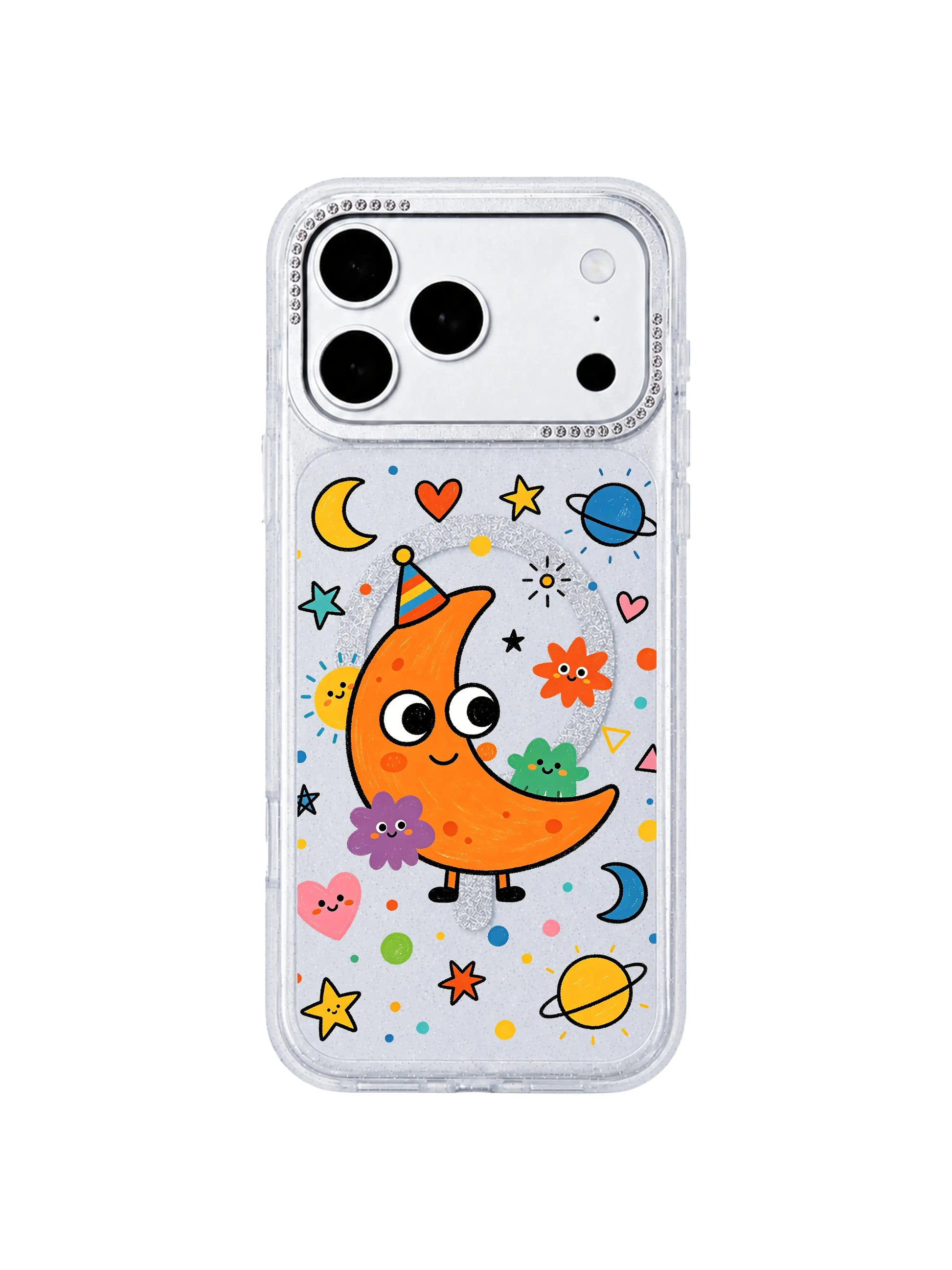 PhoneCasing decorative element close-up of hand-drawn hearts, stars and tiny planet confetti scattered around orange moon blob monster characters on Orange Moon Monster iPhone 17 Pro Max case, warm dreamy night-themed storytelling graphic for iPhone 17 Pro Max casing copy
