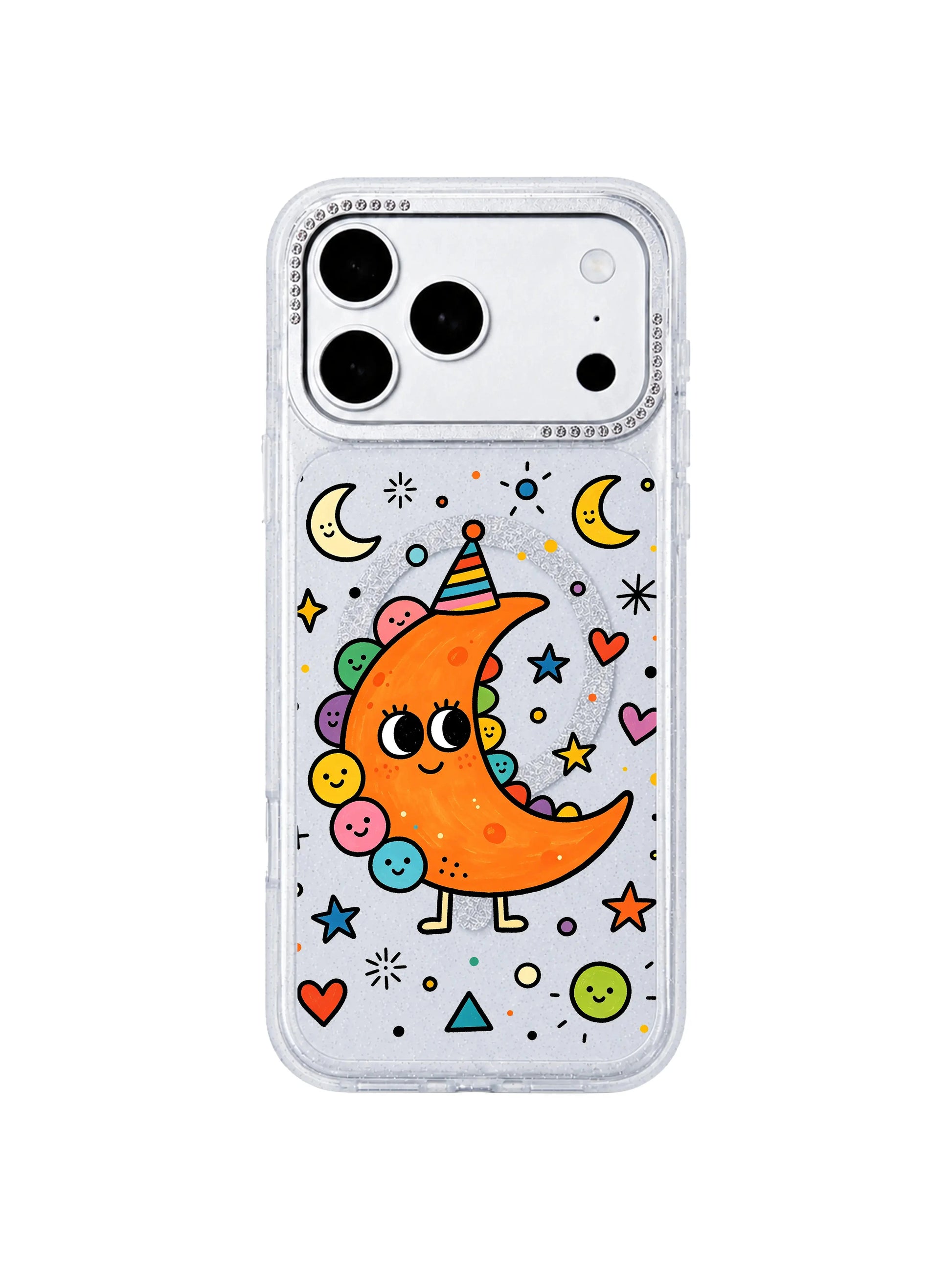PhoneCasing partial back close-up revealing built-in MagSafe wireless charging ring inside Orange Moon Monster iPhone 17 Pro Max case, seamless magnetic compatibility feature graphic for iPhone 17 Pro Max casing
