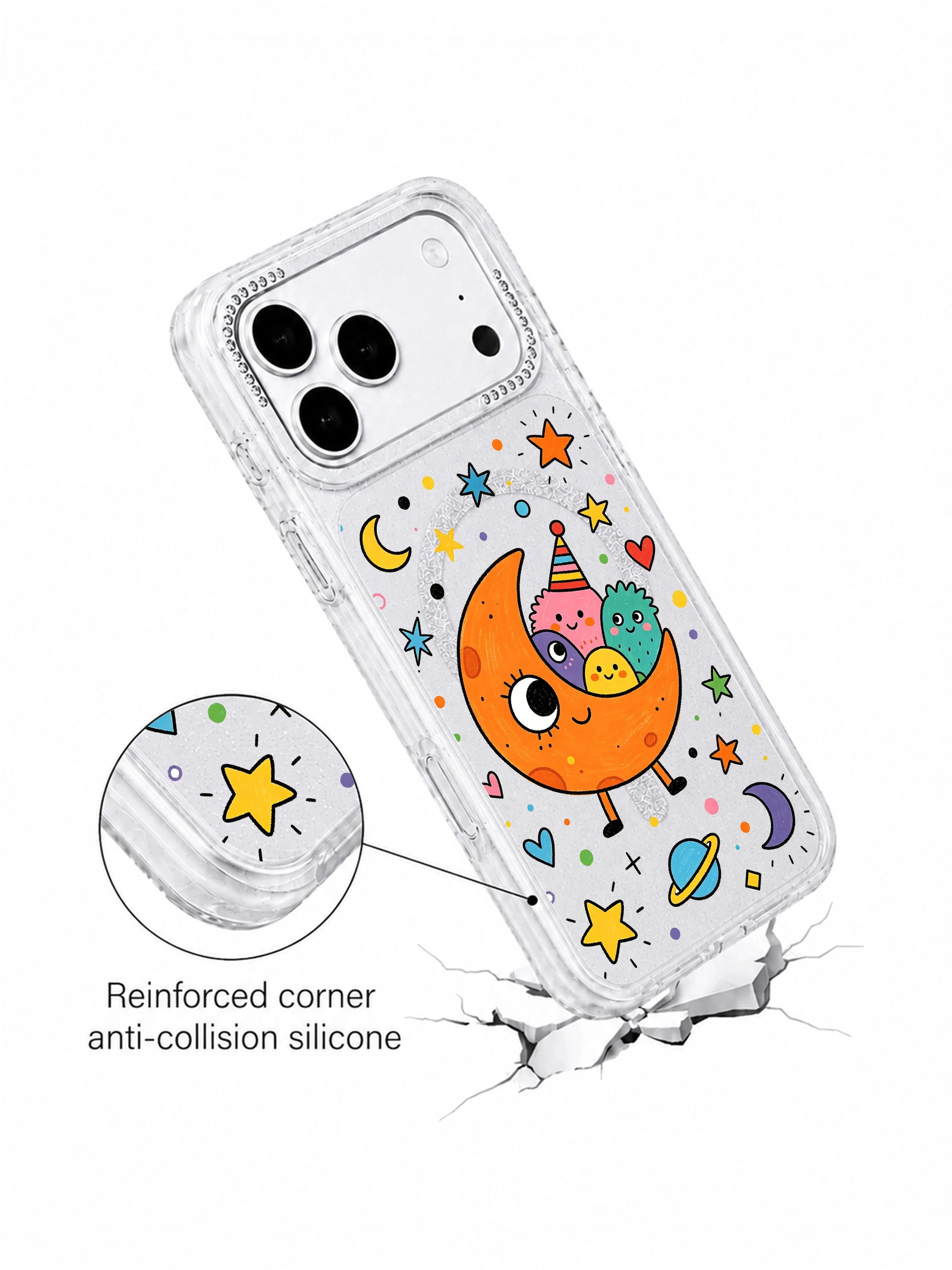 PhoneCasing hourglass phone case three-side technical diagram for Orange Moon Monster iPhone 17 Pro Max case, showing front printed art, slim glitter side profile and rhinestone camera frame, supporting iPhone 17 Pro Max casing product description page
