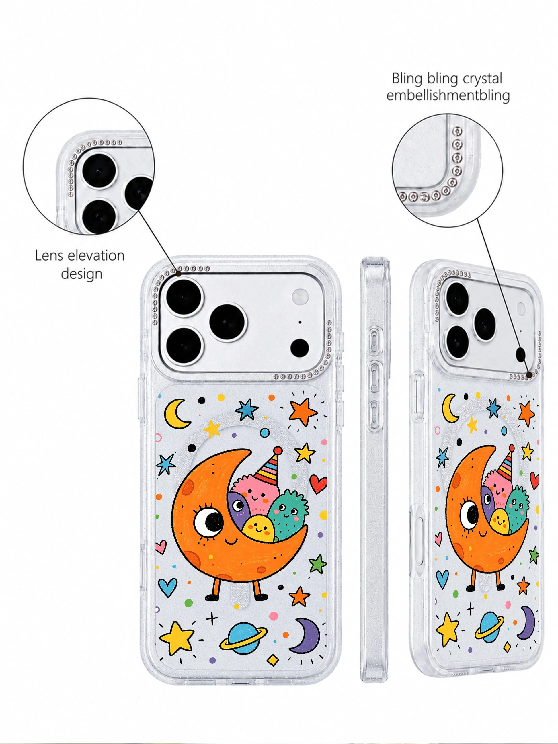 PhoneCasing indoor handheld lifestyle photo featuring Orange Moon Monster iPhone 17 Pro Max case, female hand holding glitter translucent iPhone 17 Pro Max casing with gentle dreamy moon and mini space blob doodles for casual daily carry search traffic