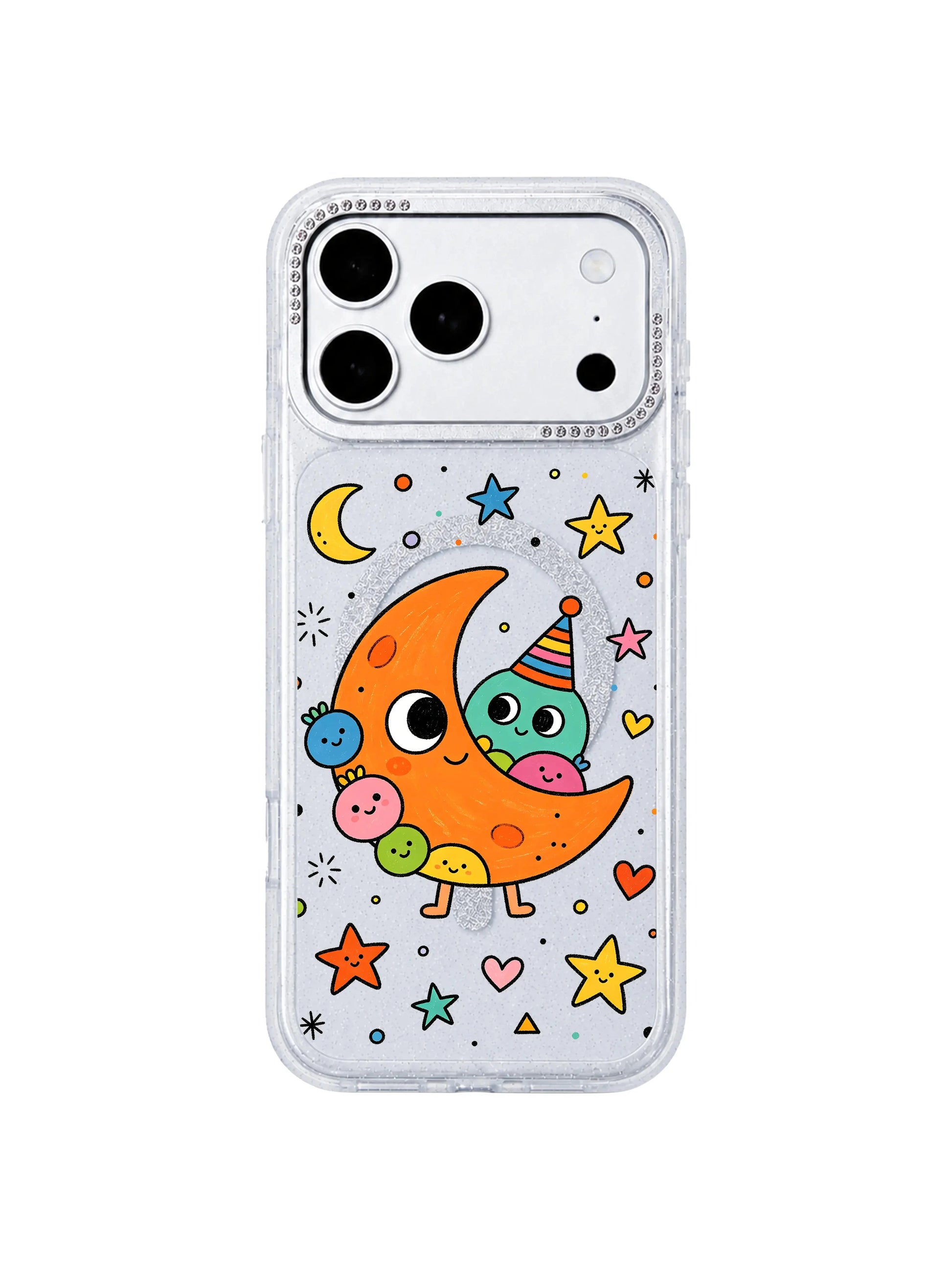  PhoneCasing neutral linen gift flat lay of Orange Moon Monster iPhone 17 Pro Max case, tender dreamy night moon doodle design, ideal birthday gift visual for teen women shopping iPhone 17 Pro Max casing