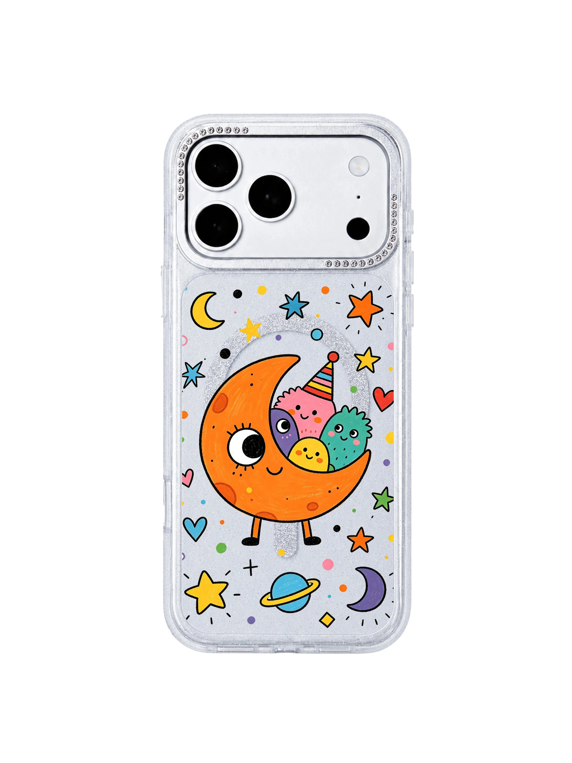 PhoneCasing exclusive Milo Popkins Orange Moon Monster iPhone 17 Pro Max case, flat front mockup of glitter rhinestone hourglass protective iPhone 17 Pro Max casing, featuring cute orange crescent moon character, tiny blob alien pals, party hats, star, heart and planet confetti for product homepage display