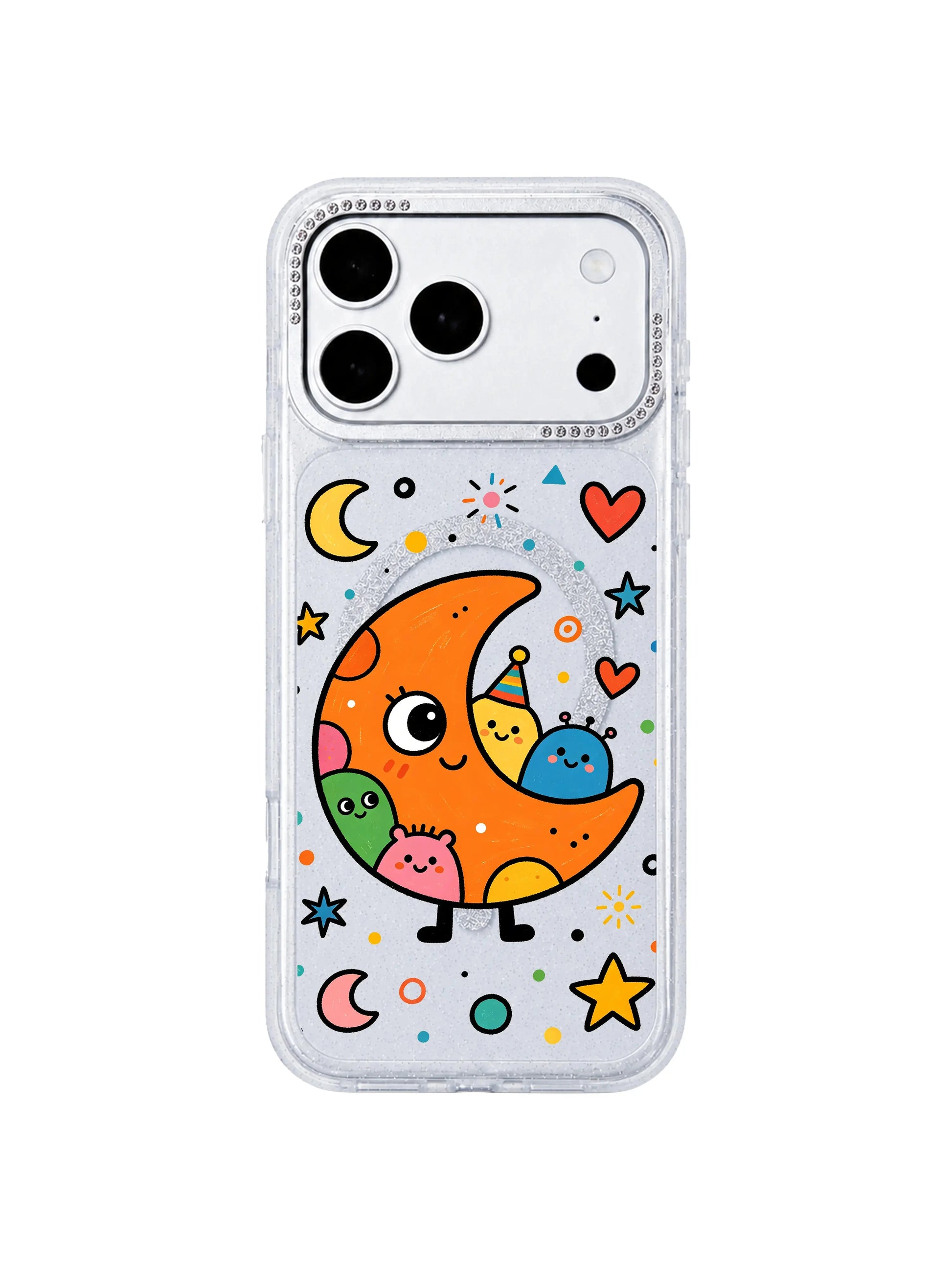 PhoneCasing character macro shot of party hat orange crescent moon and cute colorful alien blob friends representing gentle comforting night joy on Orange Moon Monster iPhone 17 Pro Max case, Milo Popkins signature soft naive doodle art on glitter clear iPhone 17 Pro Max casing