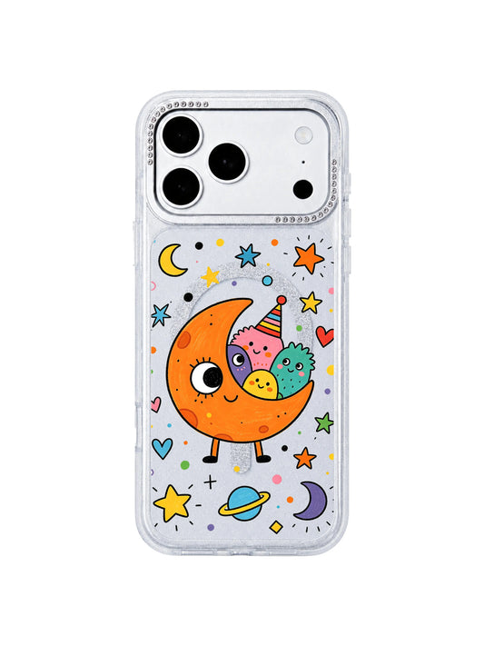  PhoneCasing macro art close-up of original Milo Popkins Orange Moon Monster print on iPhone 17 Pro Max case, fine texture of friendly orange crescent moon, tiny alien blobs, star & heart space confetti, fade-resistant UV ink detail shot for iPhone 17 Pro Max casing