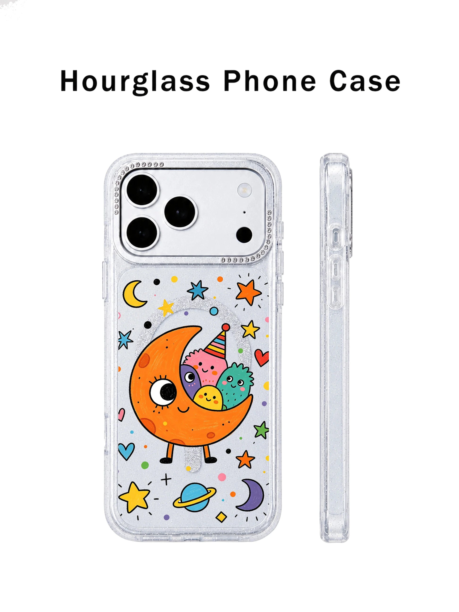 PhoneCasing anti-drop silicone reinforced corner demo shot for Orange Moon Monster iPhone 17 Pro Max case, crash resistance visual proof for shockproof iPhone 17 Pro Max protective casing with kidcore moon print
