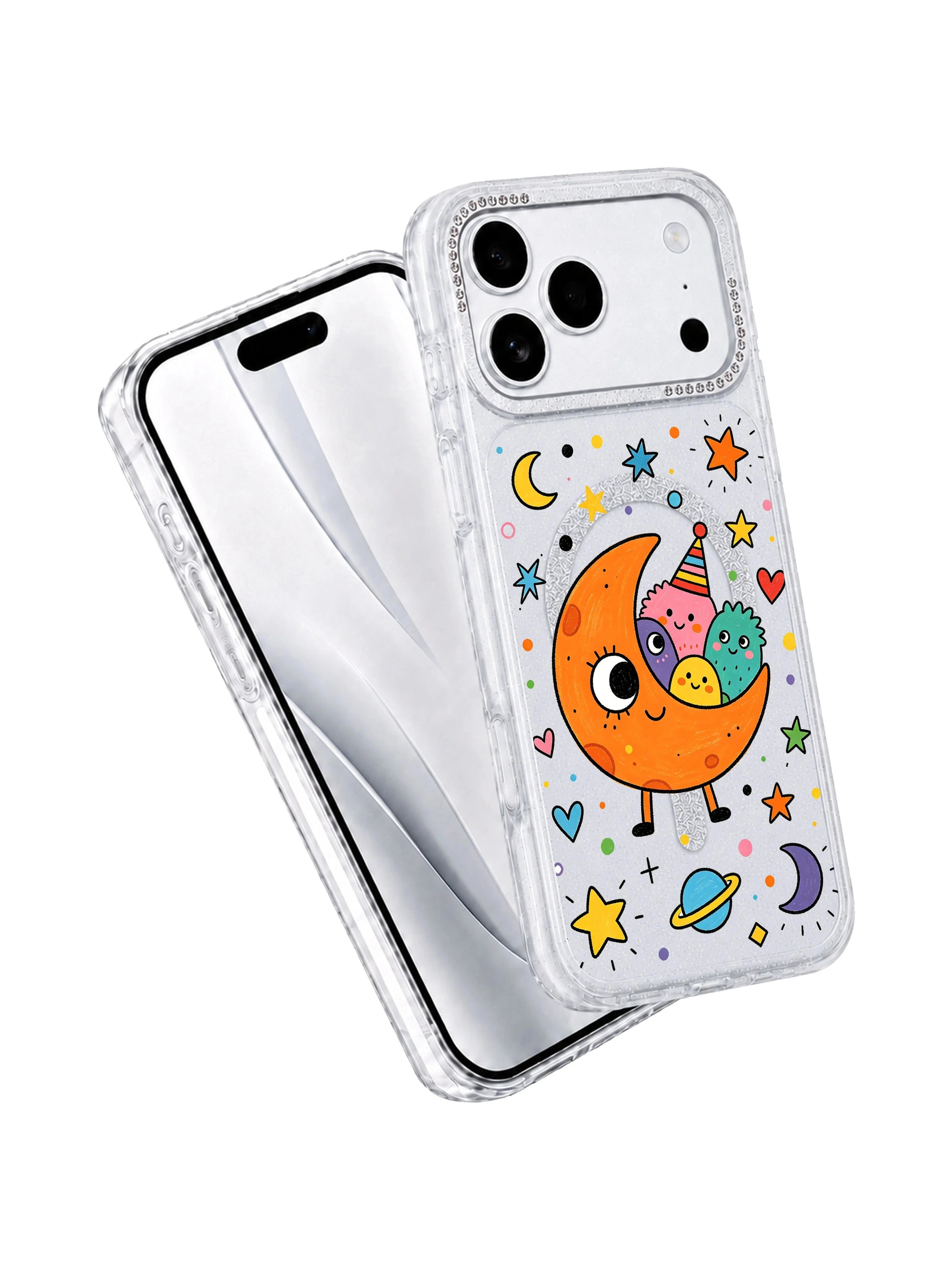 PhoneCasing split dual device mockup showcasing Orange Moon Monster iPhone 17 Pro Max case, translucent glitter silicone iPhone 17 Pro Max casing paired with blank silver iPhone 17 Pro Max front panel, full whimsical kidcore moon and space creature artwork coverage